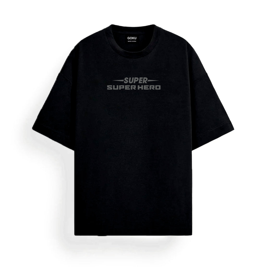 Black t-shirt with 'Super Super Hero' text on a white background