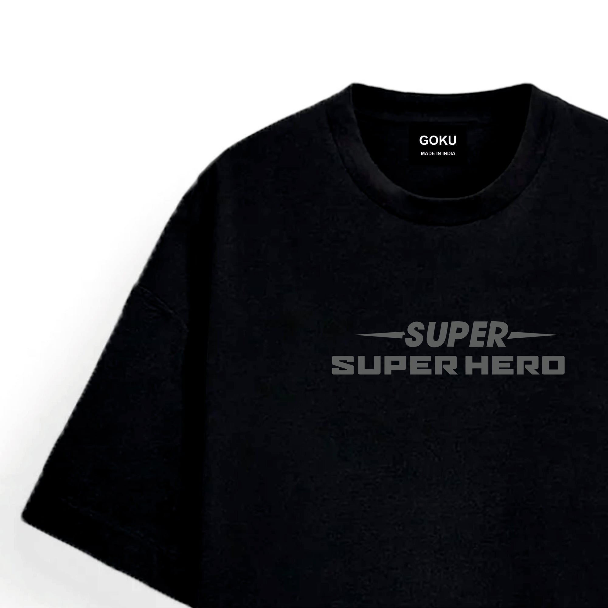 Black t-shirt with 'Super Super Hero' text on a white background