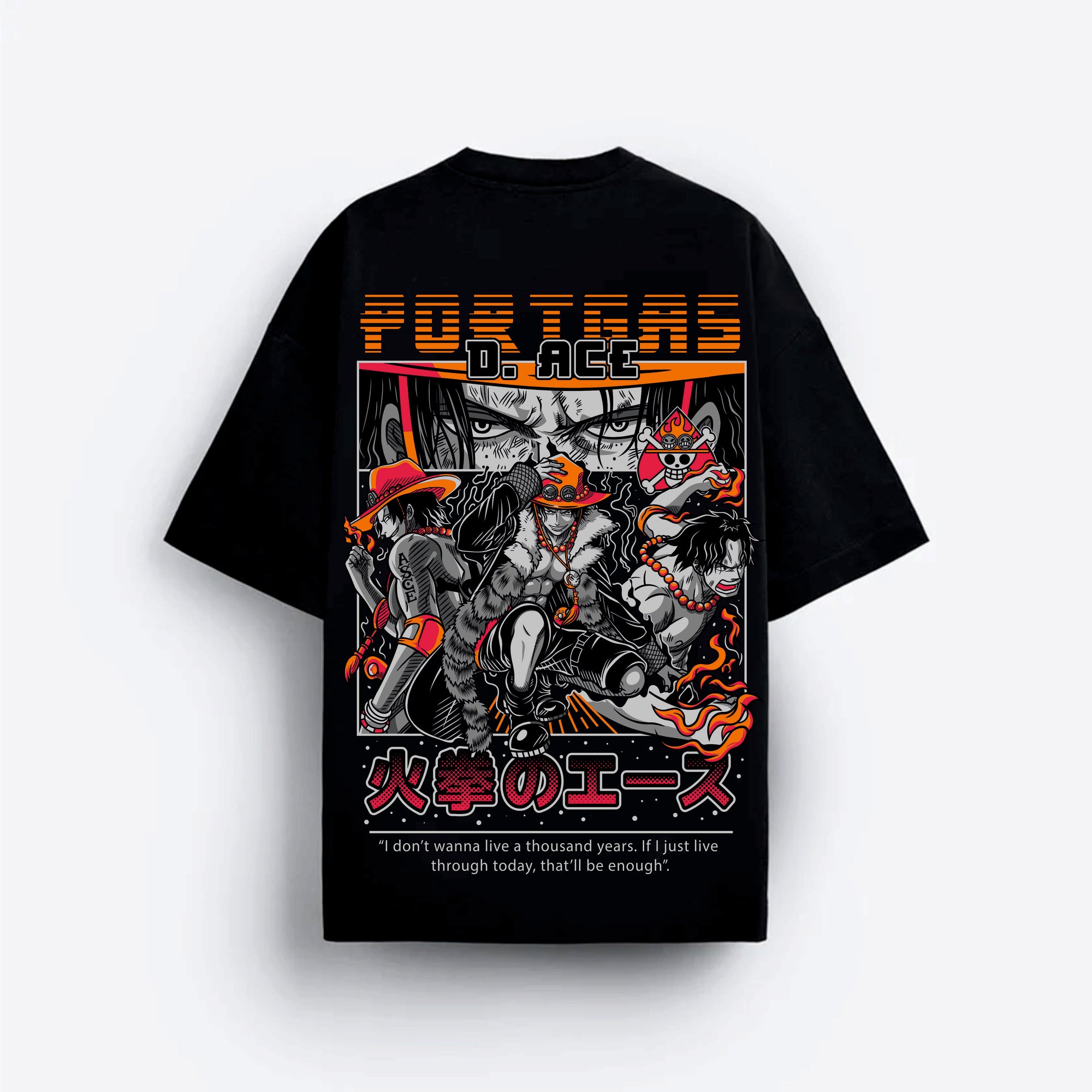 Black t-shirt with anime onepiece -style graphic  portgas design on a white background