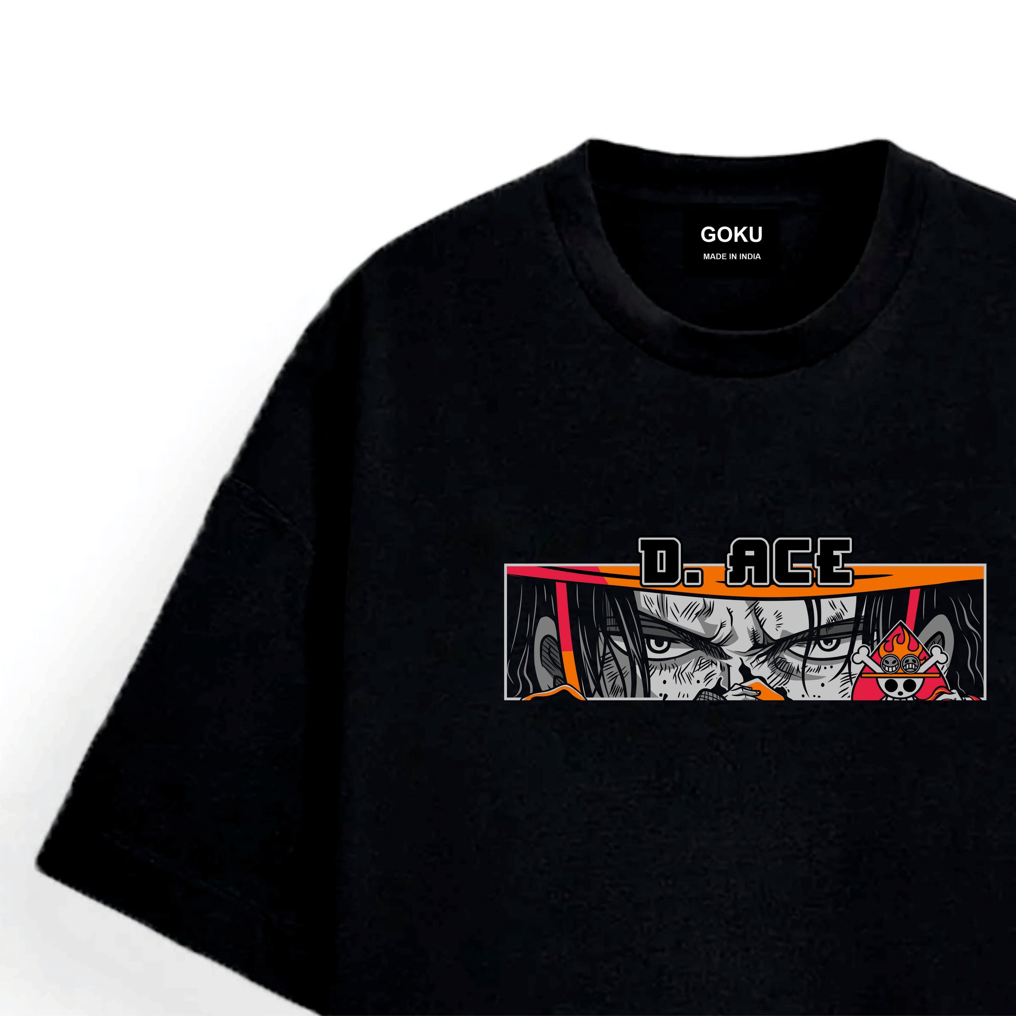 Black t-shirt with anime character graphic and 'D. ACE' text on a white background