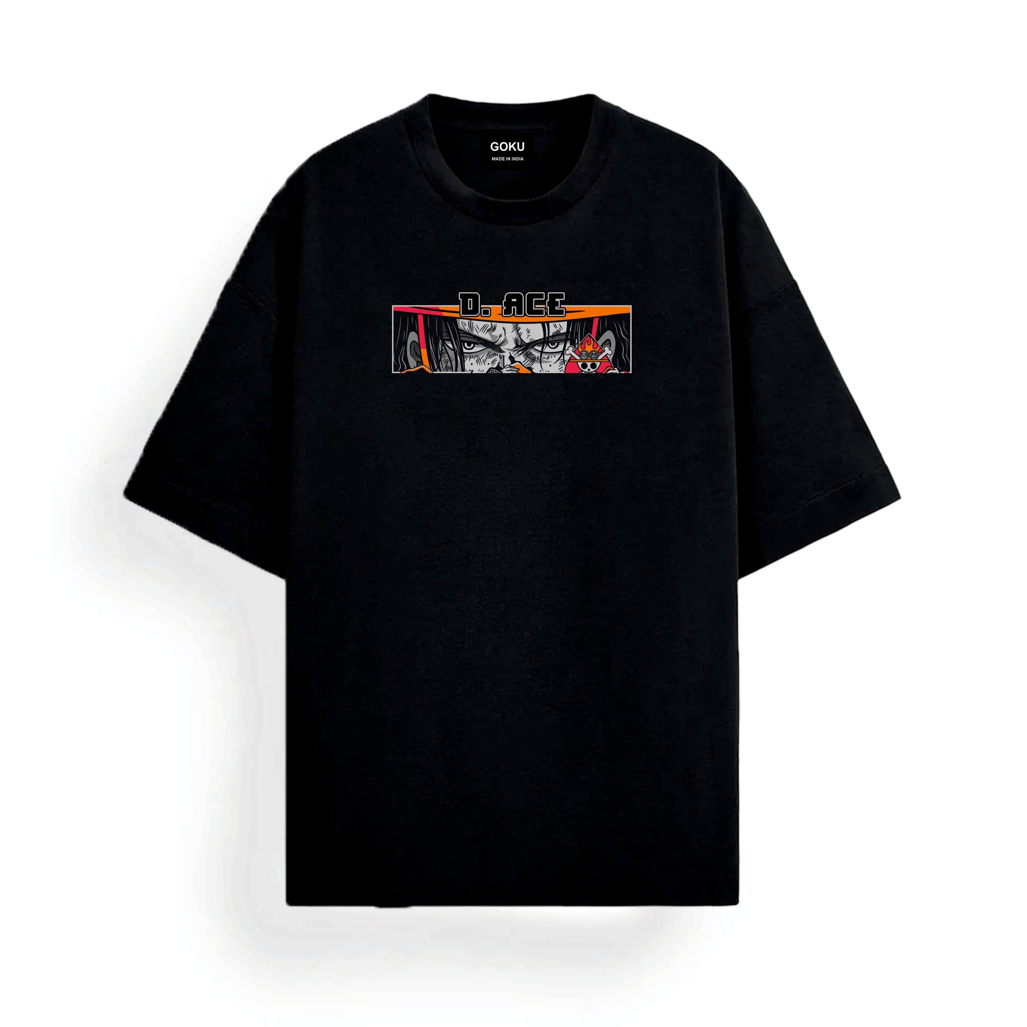Black t-shirt with colorful D. Ace graphic design on a white background