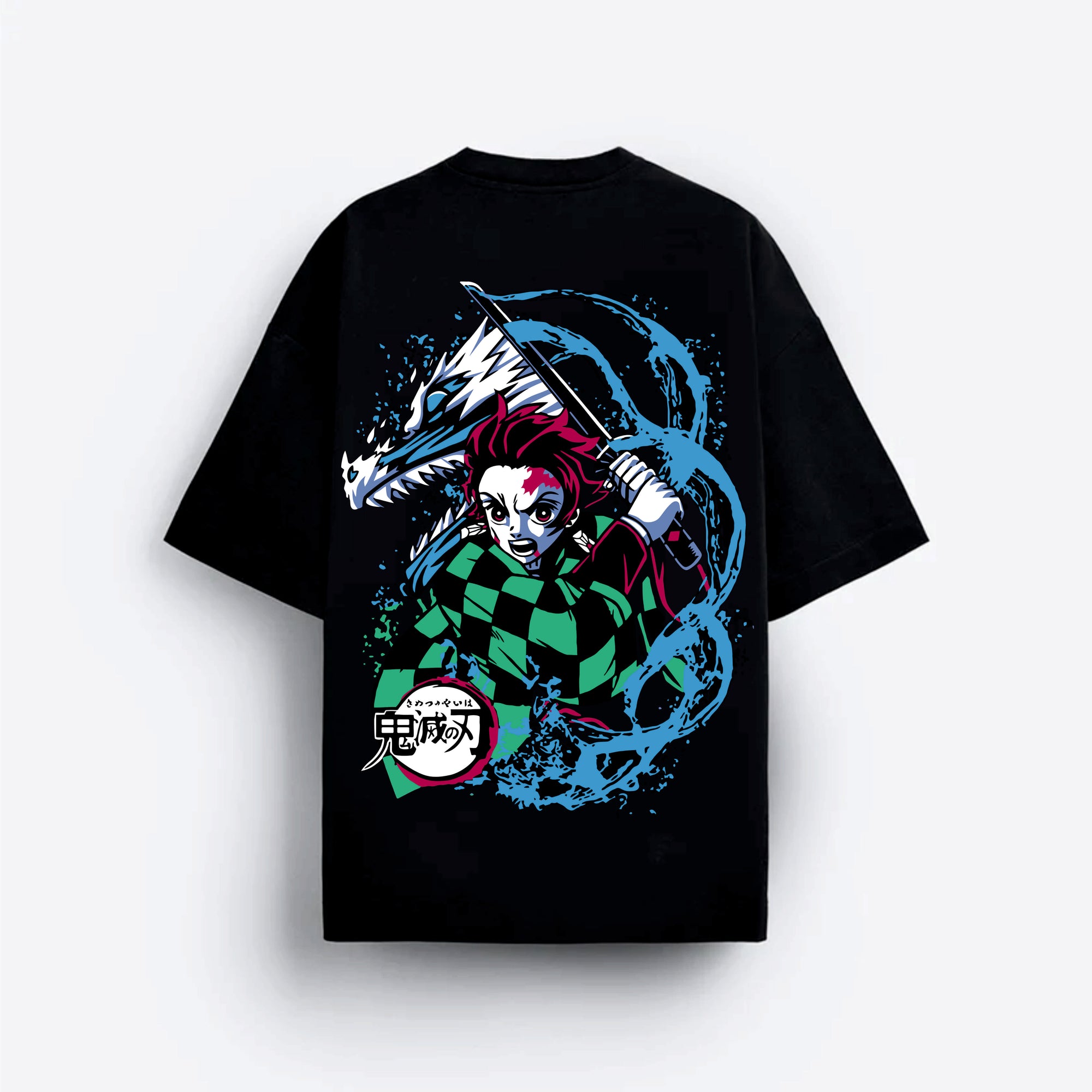 Black t-shirt with colorful graphic design featuring a character and dragon Demon slayer tanjiro
