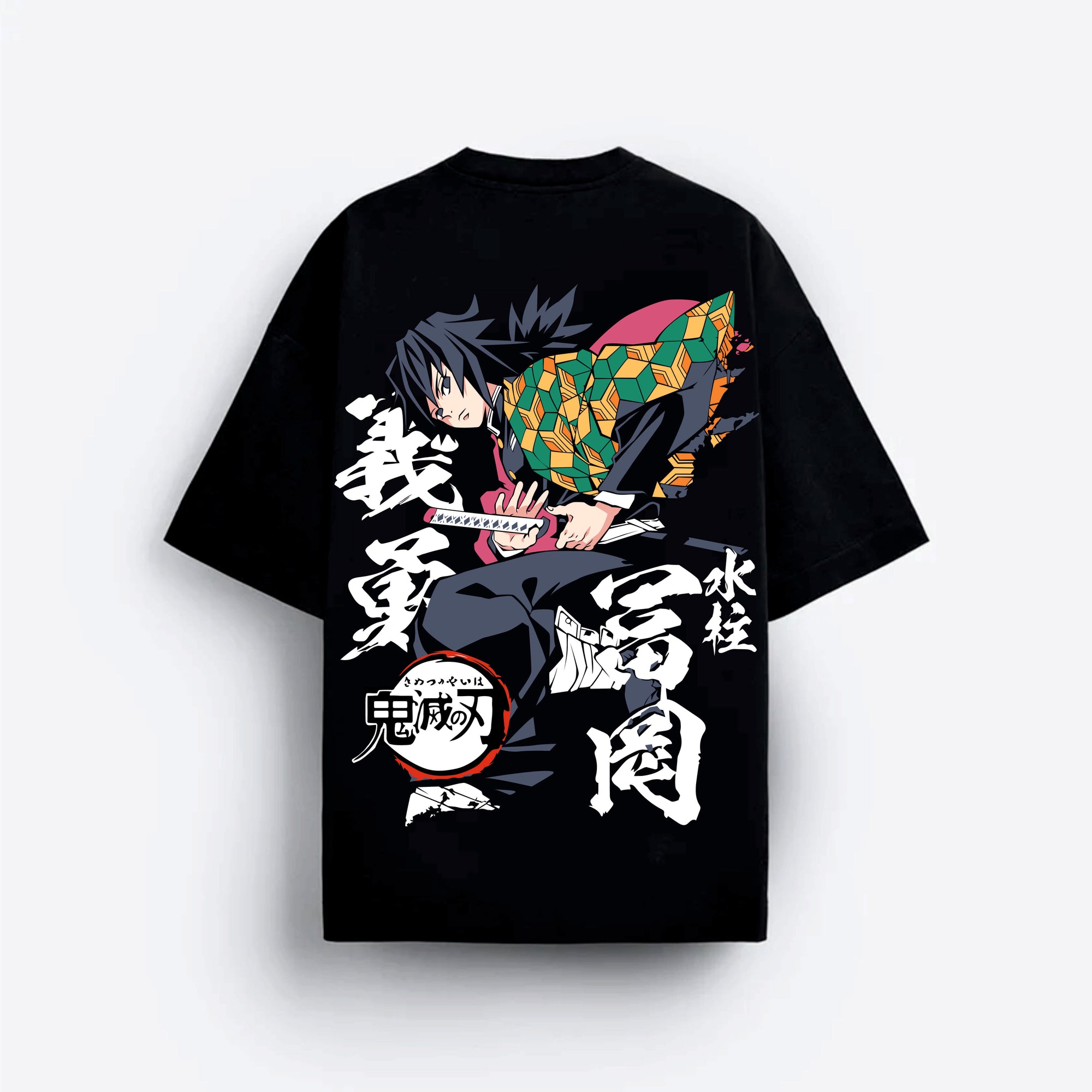 Black t-shirt with colorful Tomioka  graphic design