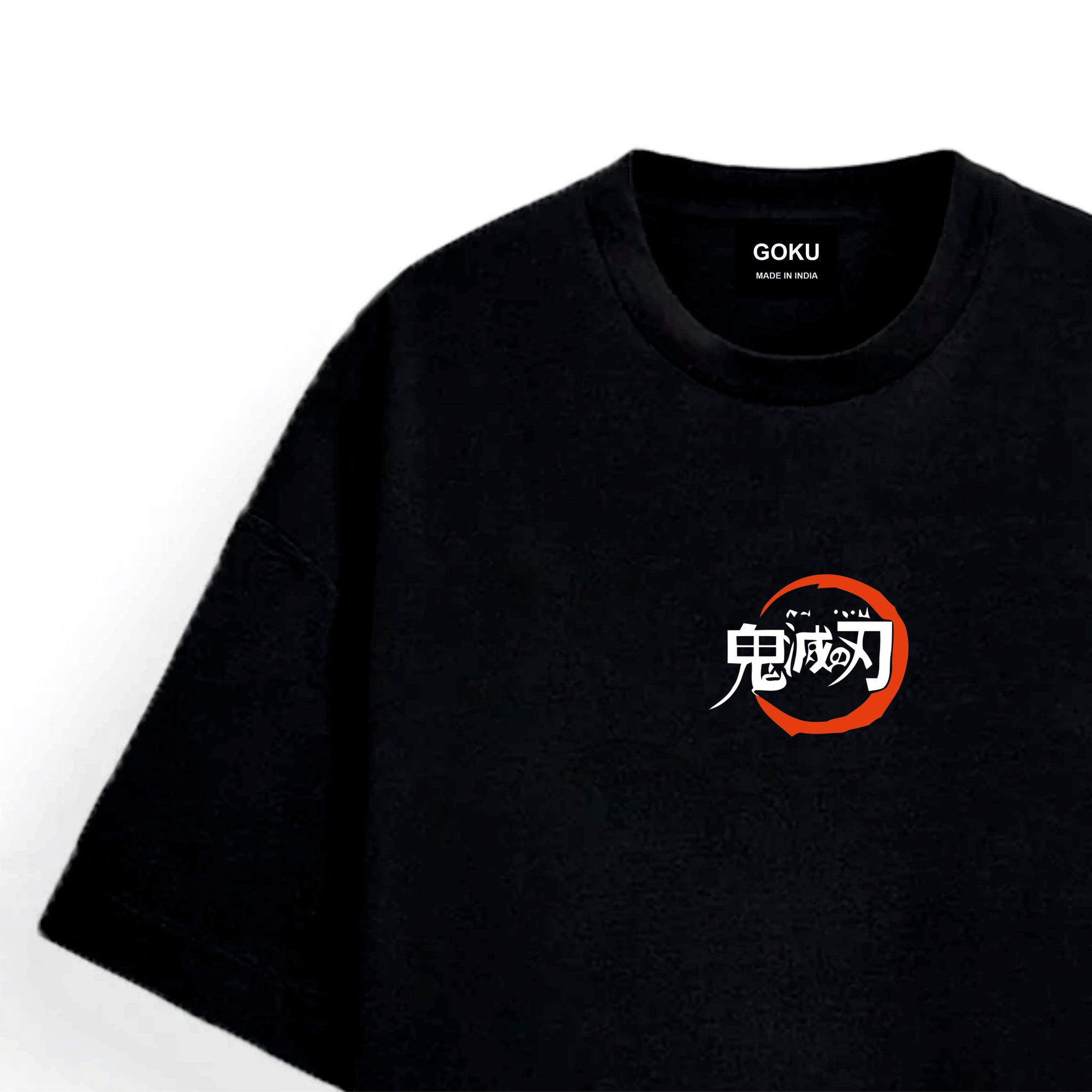 Black t-shirt with a red and white logo