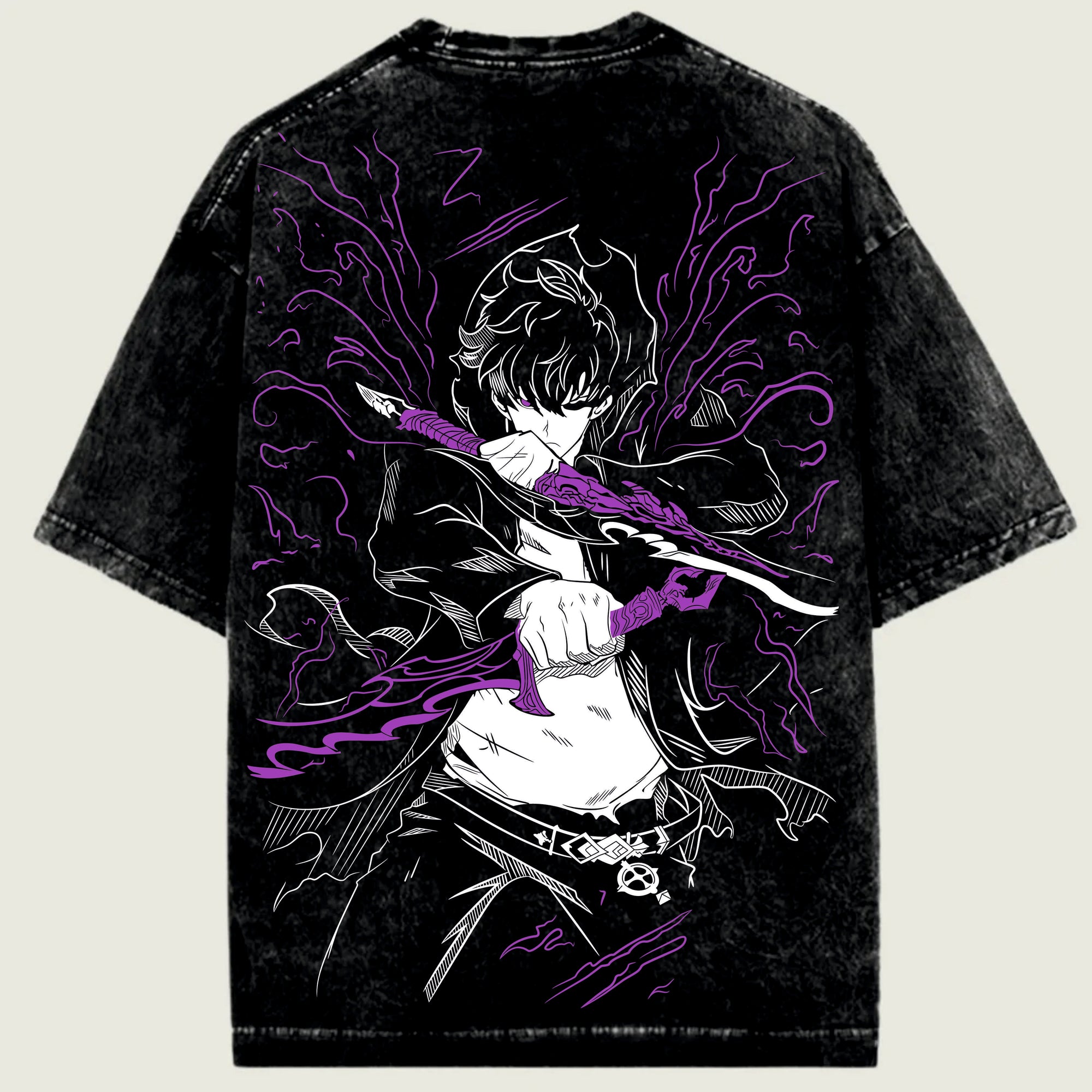 Black t-shirt with a graphic design of a Solo leveling  character holding a sword on a beige background
