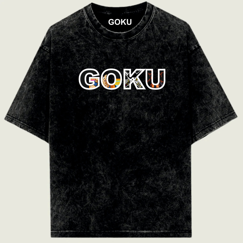 Black t-shirt with 'GOKU' printed on it against a light green background