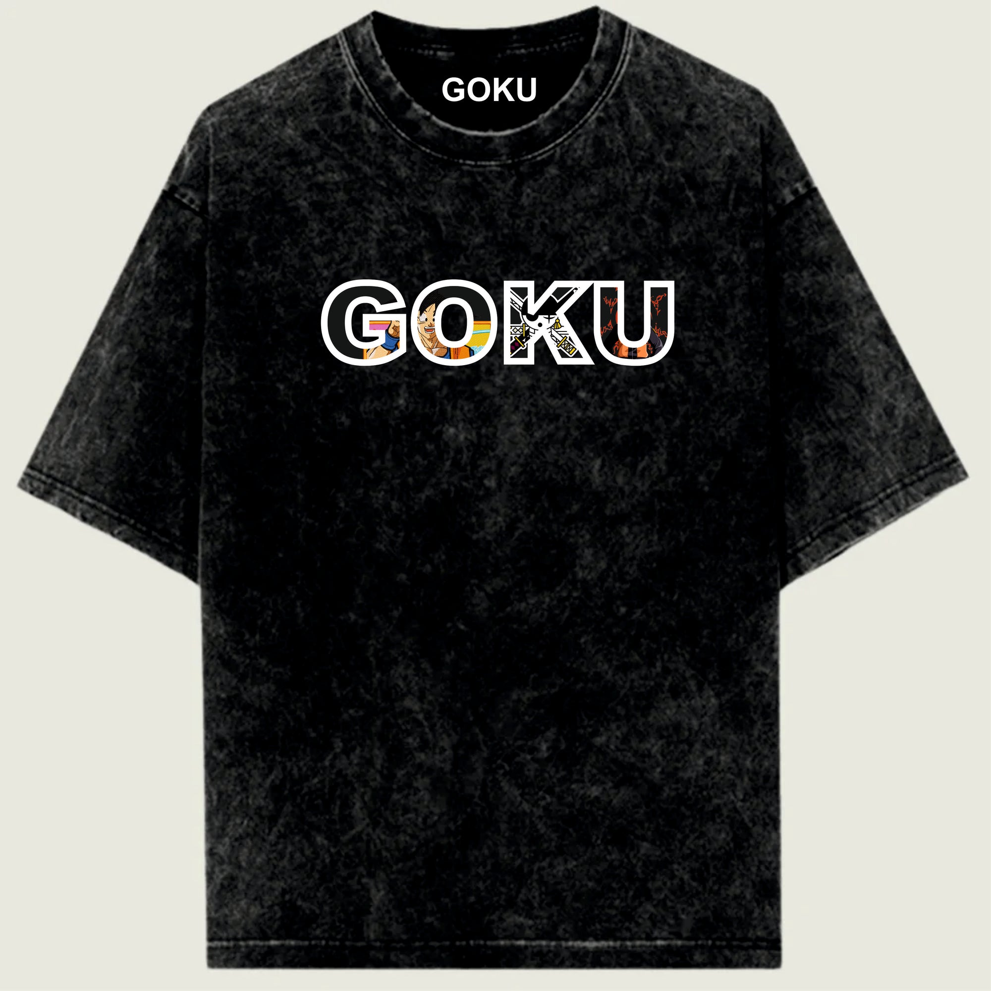 Black t-shirt with 'GOKU' printed on it against a light green background