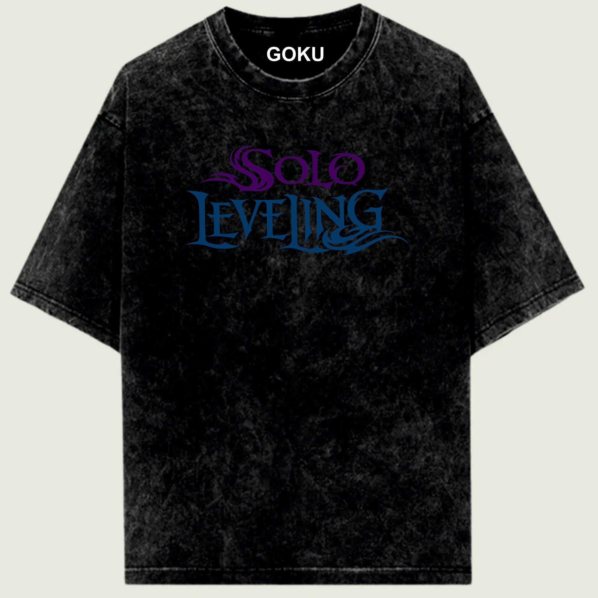 Black t-shirt with 'Solo Leveling' text and 'GOKU' branding on a beige background