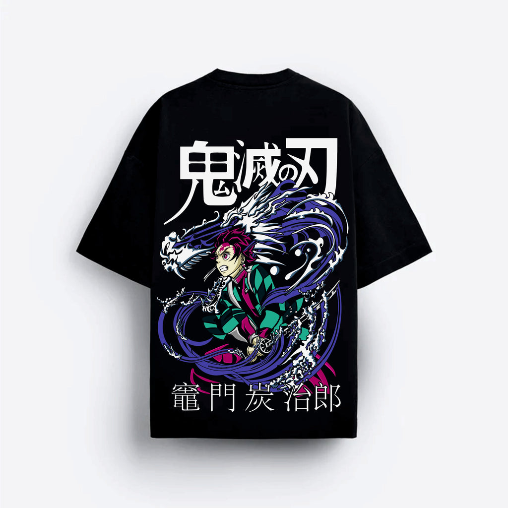 Black t-shirt with colorful graphic demon slayer design and Japanese text