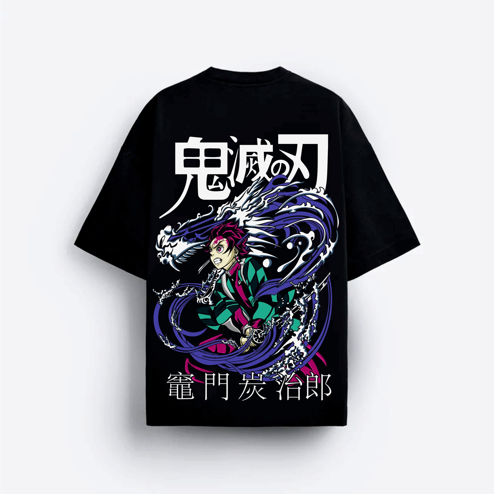 Black t-shirt with colorful graphic demon slayer design and Japanese text