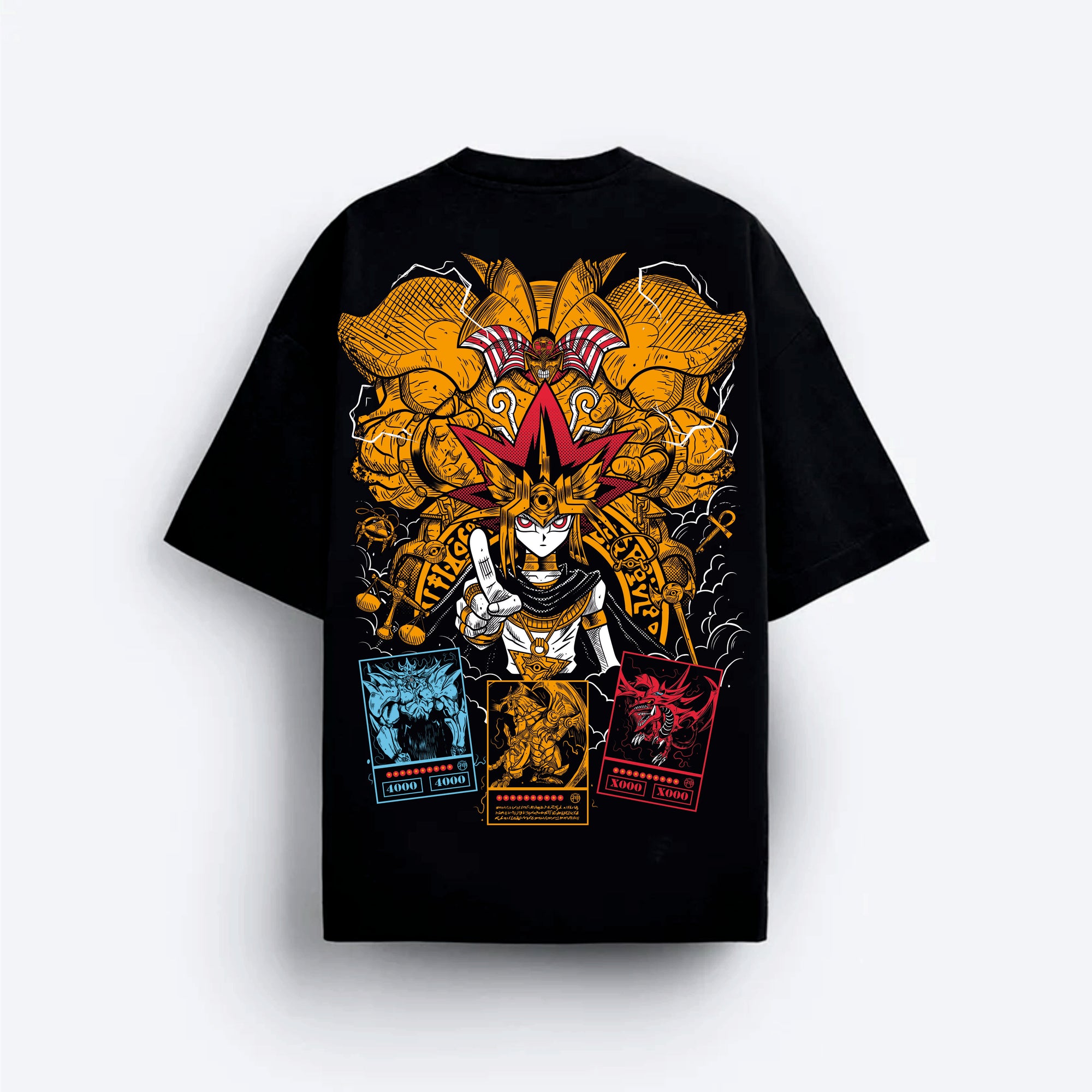Black t-shirt with colorful Yami yugi graphic design on a white background