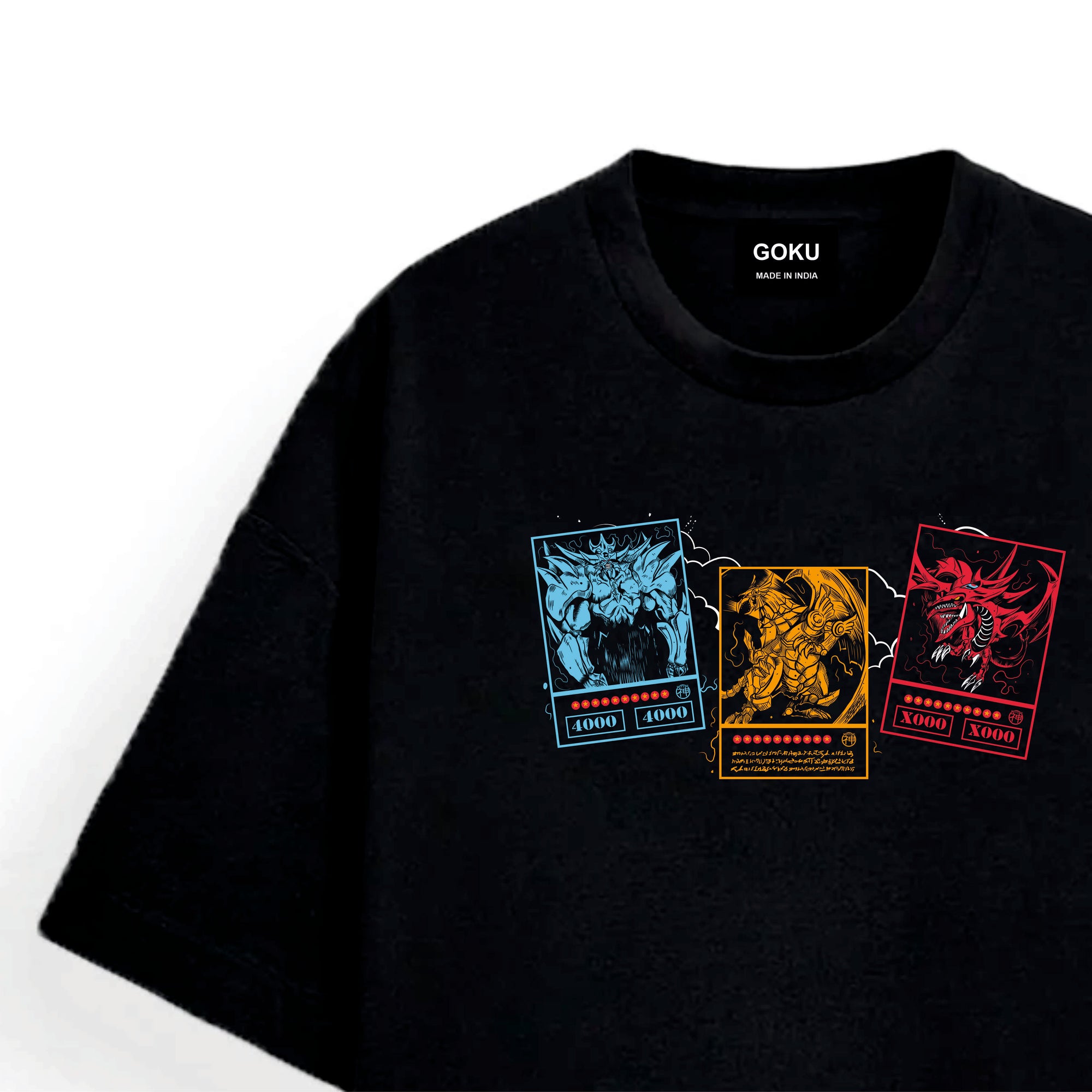 Black t-shirt with colorful character  yami card designs on a white background