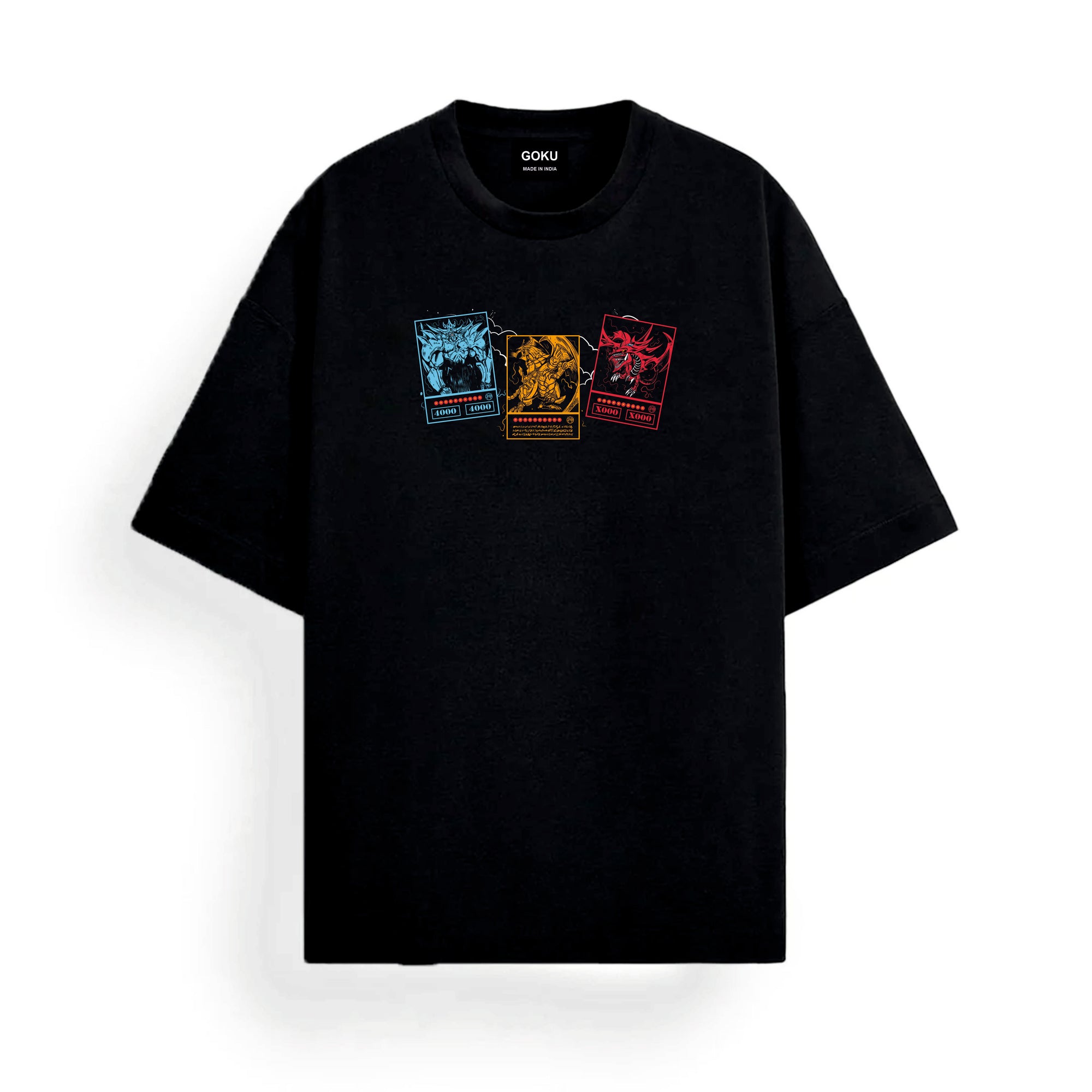 Black t-shirt with colorful graphic  card designs on a white background