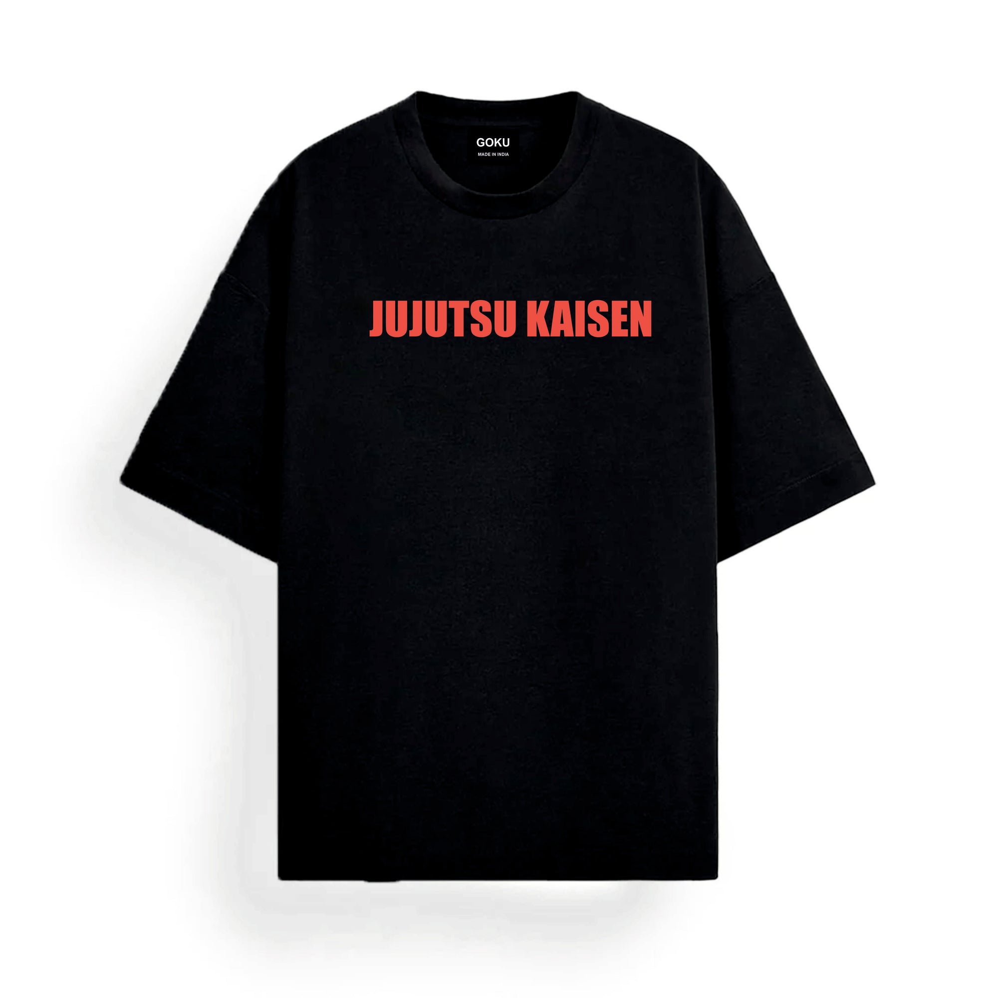 Black t-shirt with 'JUJUTSU KAISEN' in red text on a white background