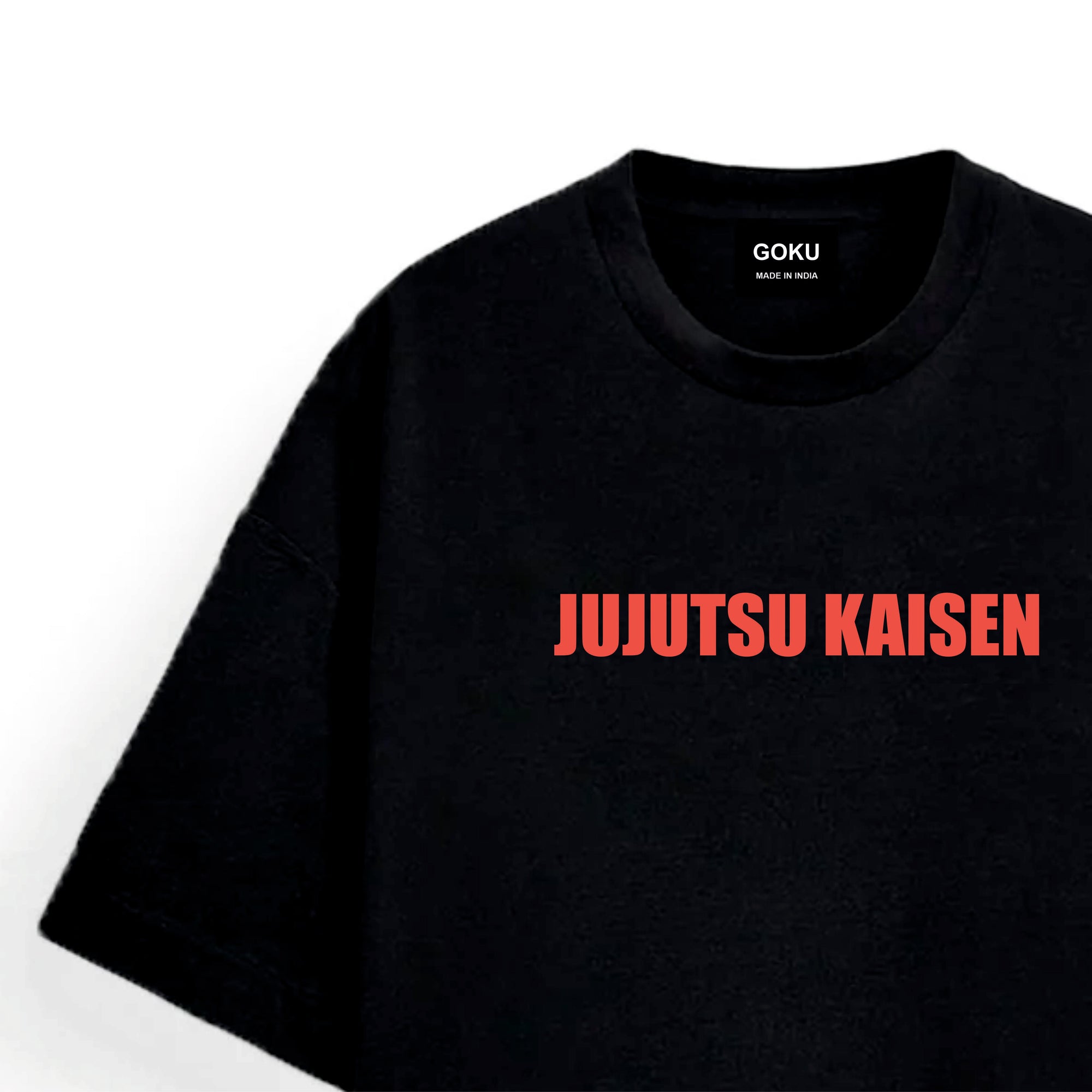 Black t-shirt with 'JUJUTSU KAISEN' in red text on a white background