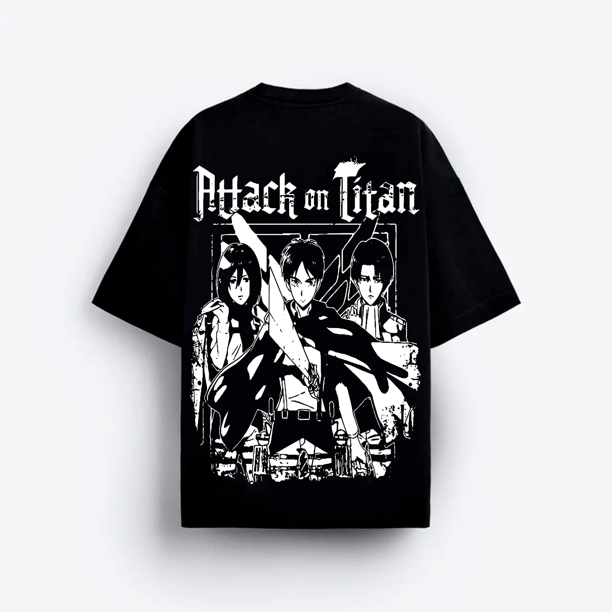 Black t-shirt with 'Attack on Titan' graphic design on a white background