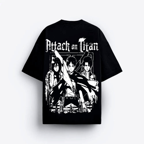 Black t-shirt with 'Attack on Titan' graphic design on a white background