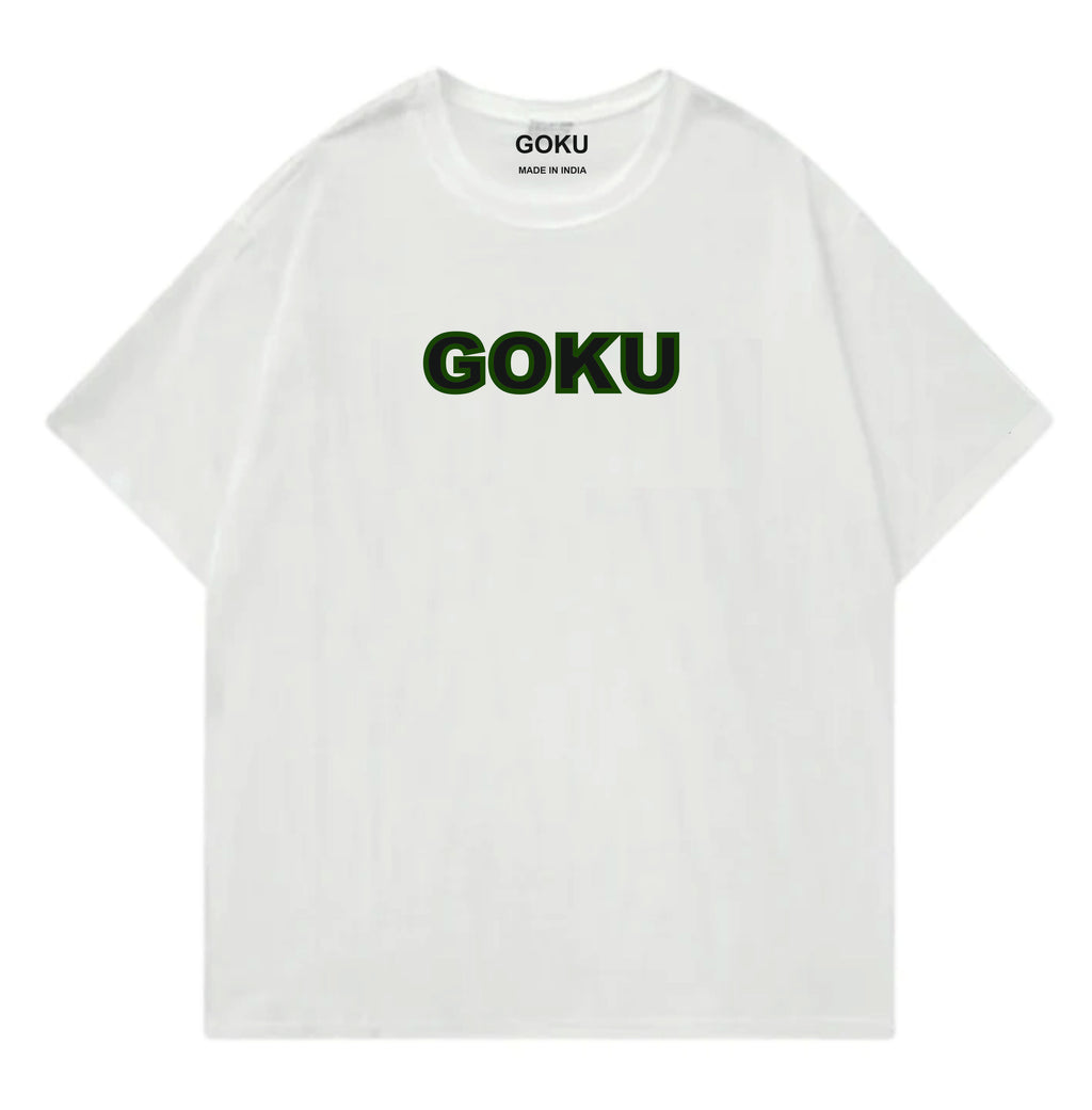 White t-shirt with 'GOKU' printed in green on a white background