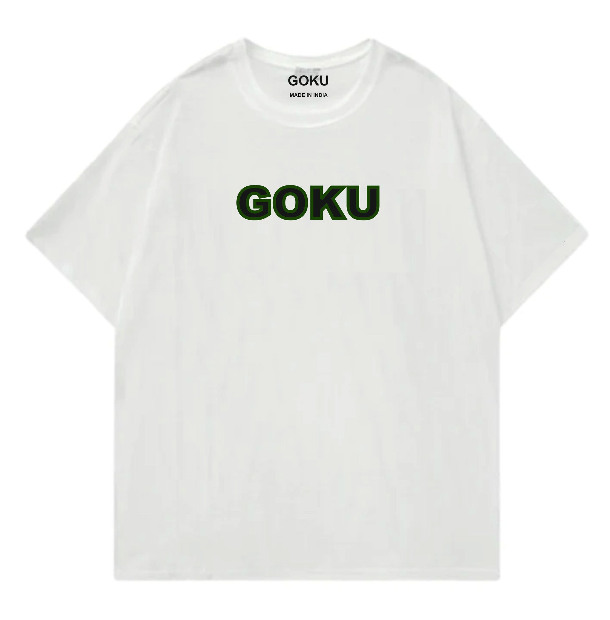 White t-shirt with 'GOKU' printed in green on a white background