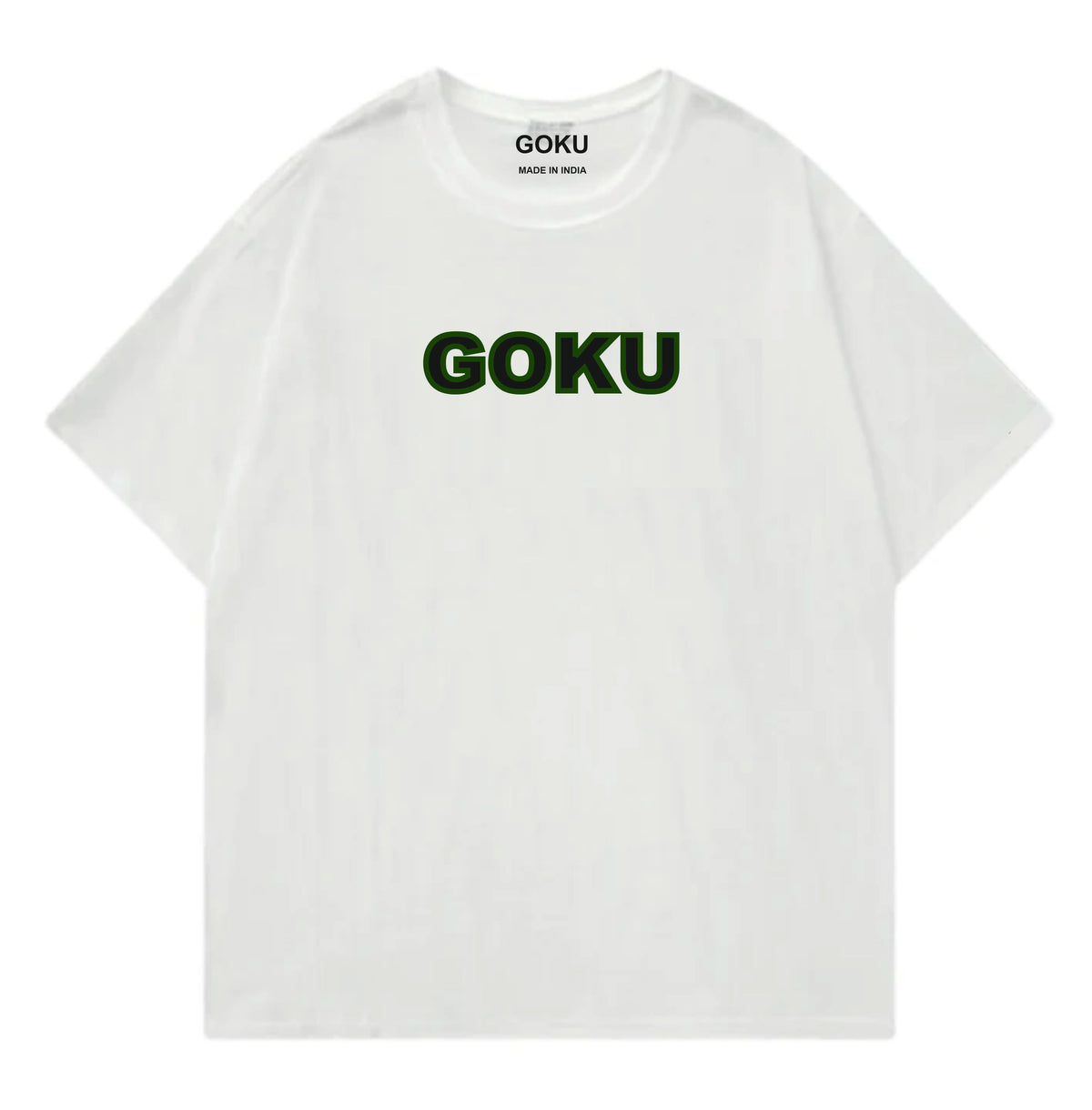 White t-shirt with 'GOKU' printed in green on a white background
