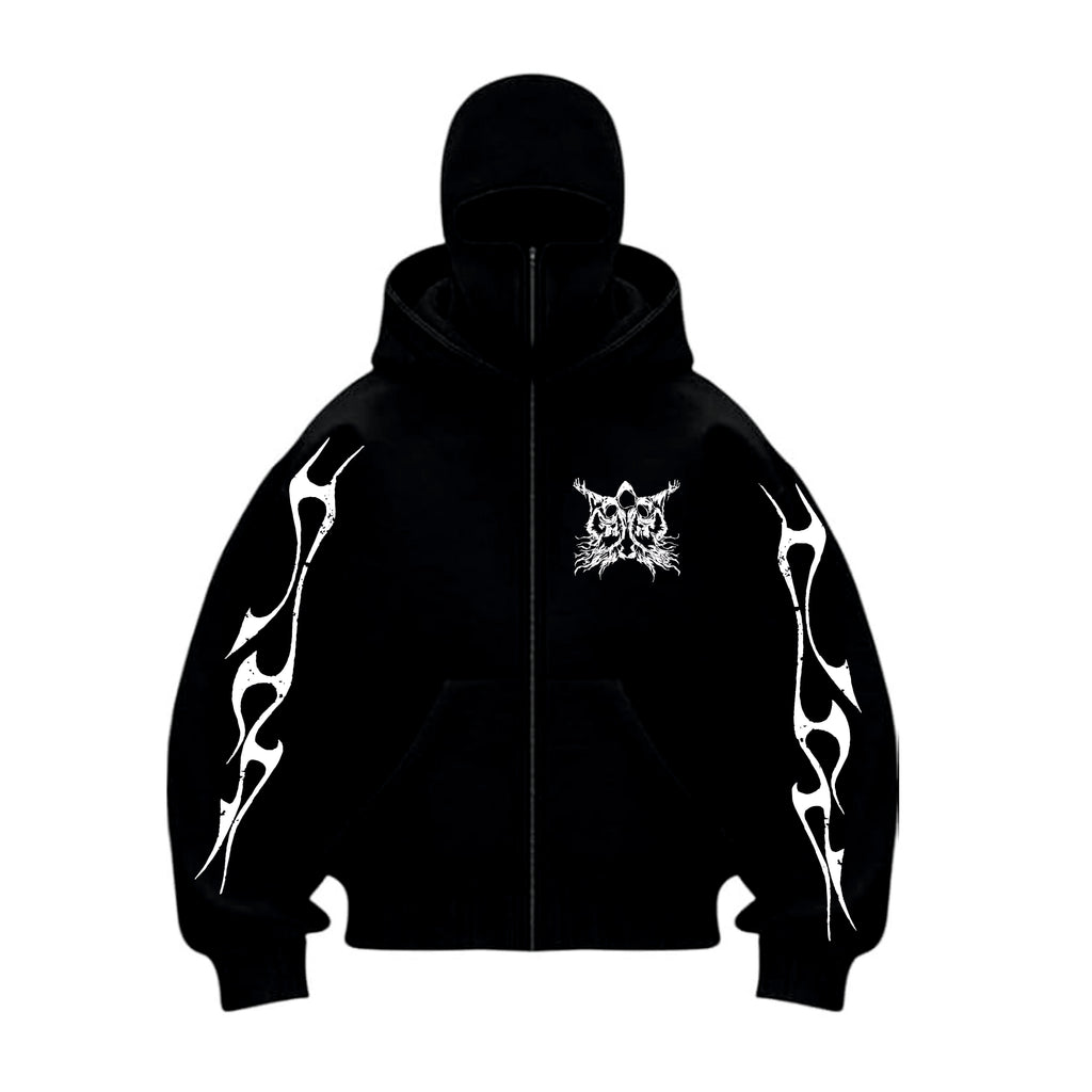 Black hoodie with white designs on a white background