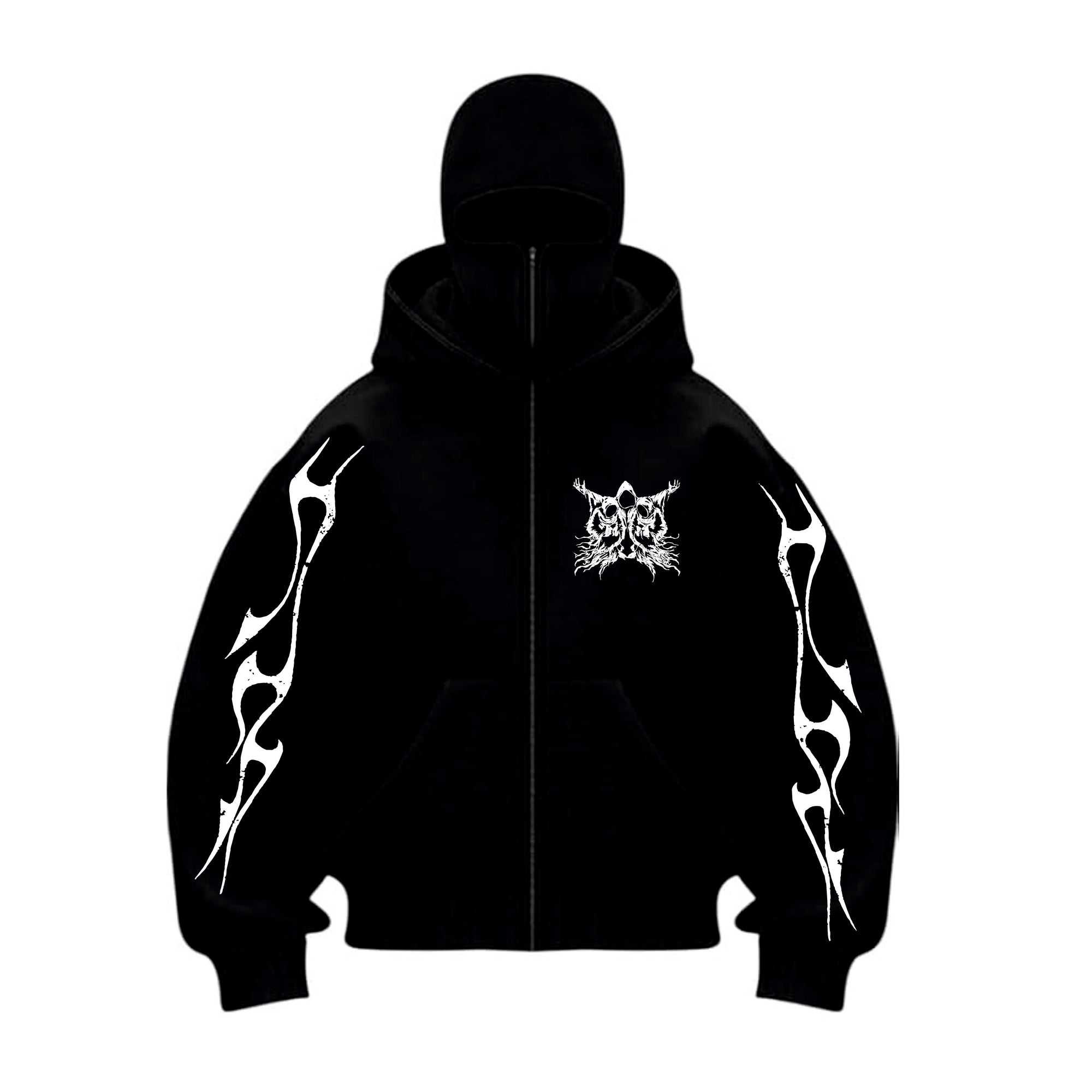 Black hoodie with white designs on a white background