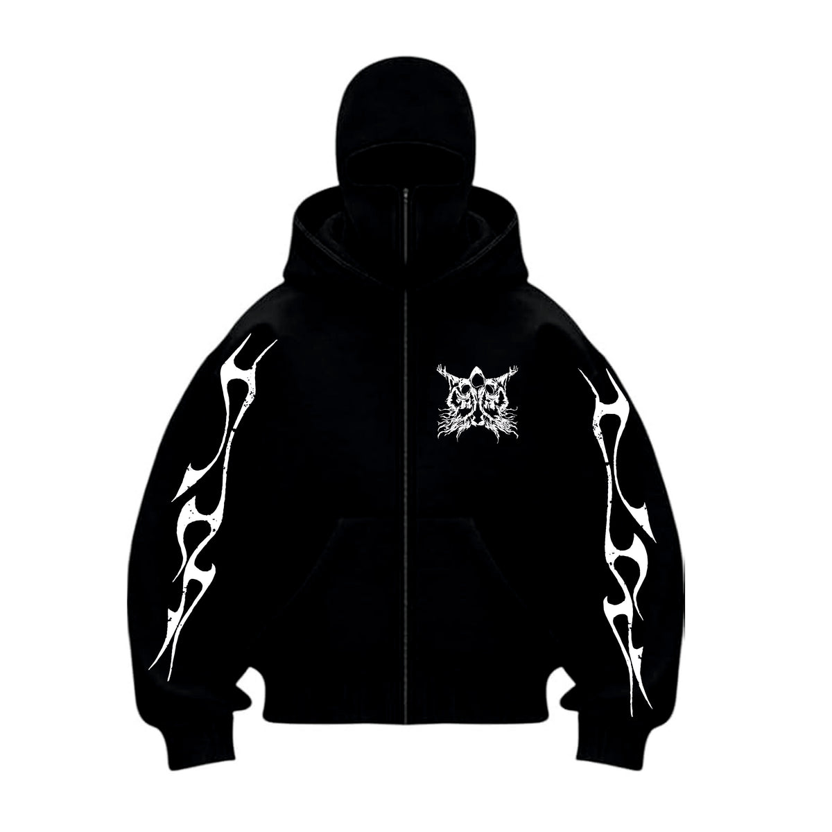 Black hoodie with white designs on a white background