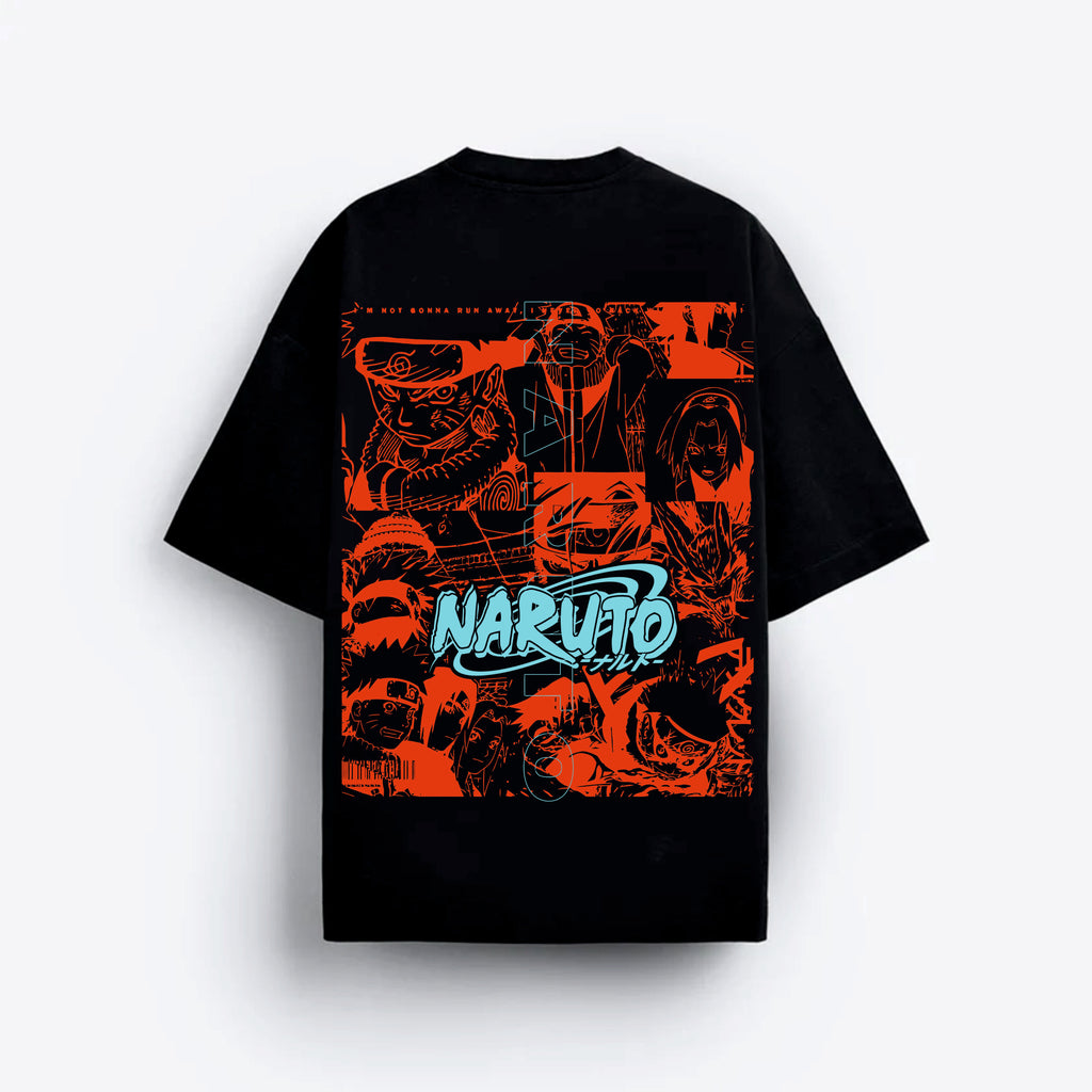 Black t-shirt with red and green graphic design featuring the word 'Naruto' on a white background