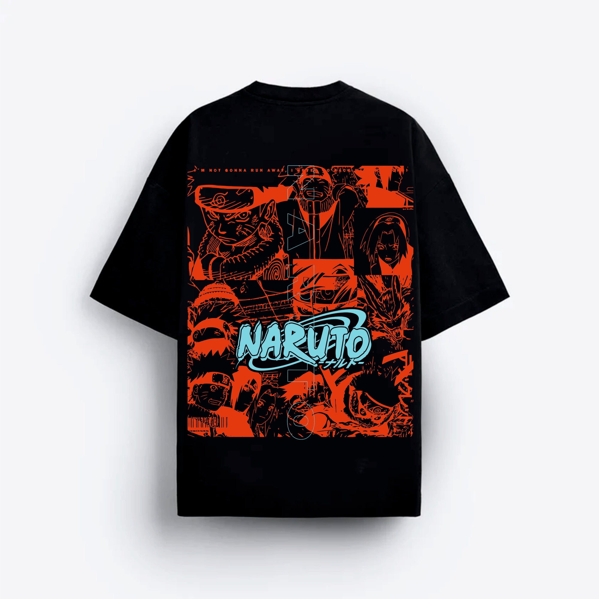 Black t-shirt with red and green graphic design featuring the word 'Naruto' on a white background