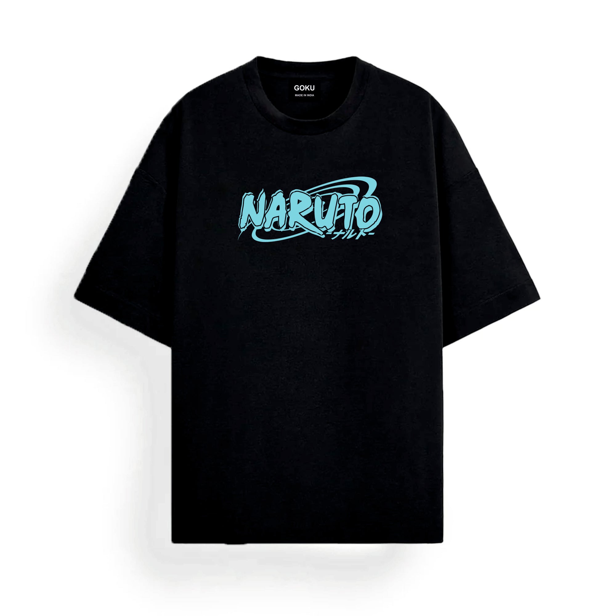 Black t-shirt with 'Naruto' logo in teal on a white background