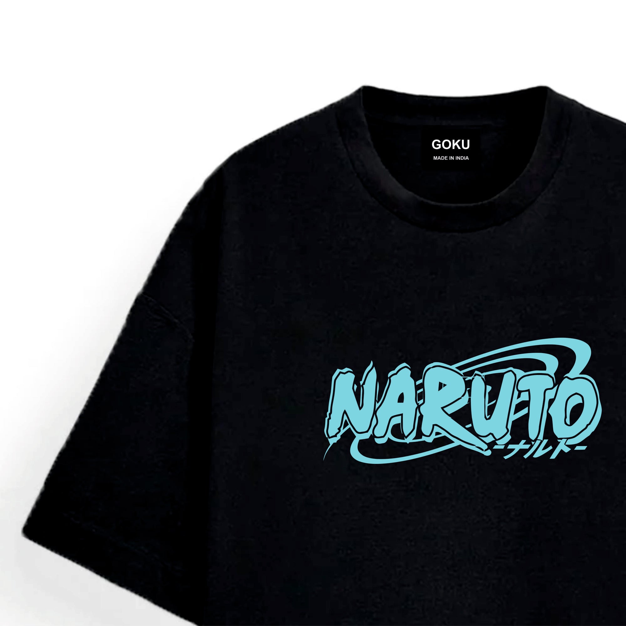 Black t-shirt with 'Naruto' logo on a white background