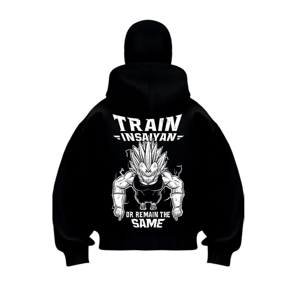 Black balaclava hoodie with a graphic design vegeta goku insaiyan worn by a person.