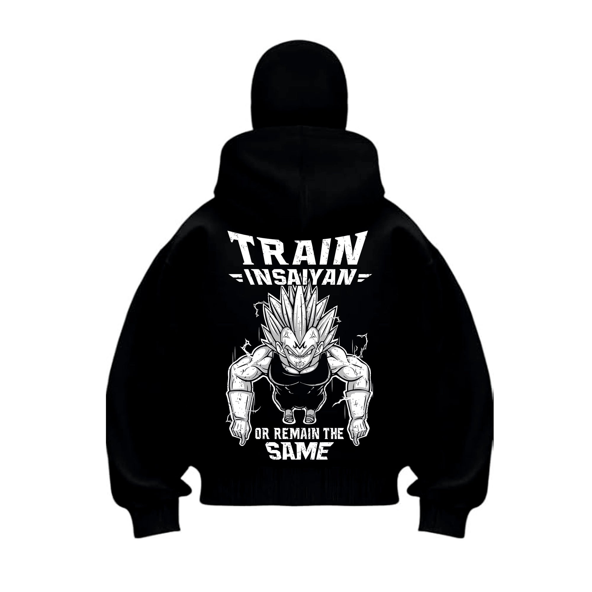 Black balaclava hoodie with a graphic design vegeta goku insaiyan worn by a person.
