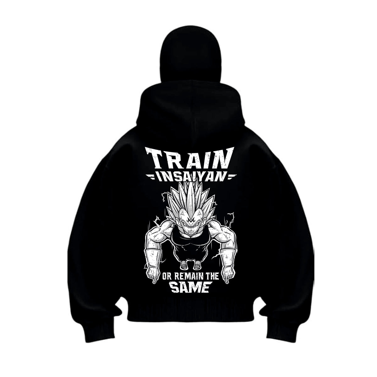 Black balaclava hoodie with a graphic design vegeta goku insaiyan worn by a person.