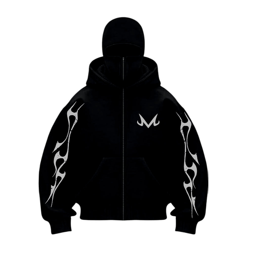Black hoodie with white tribal designs and logo on a white background