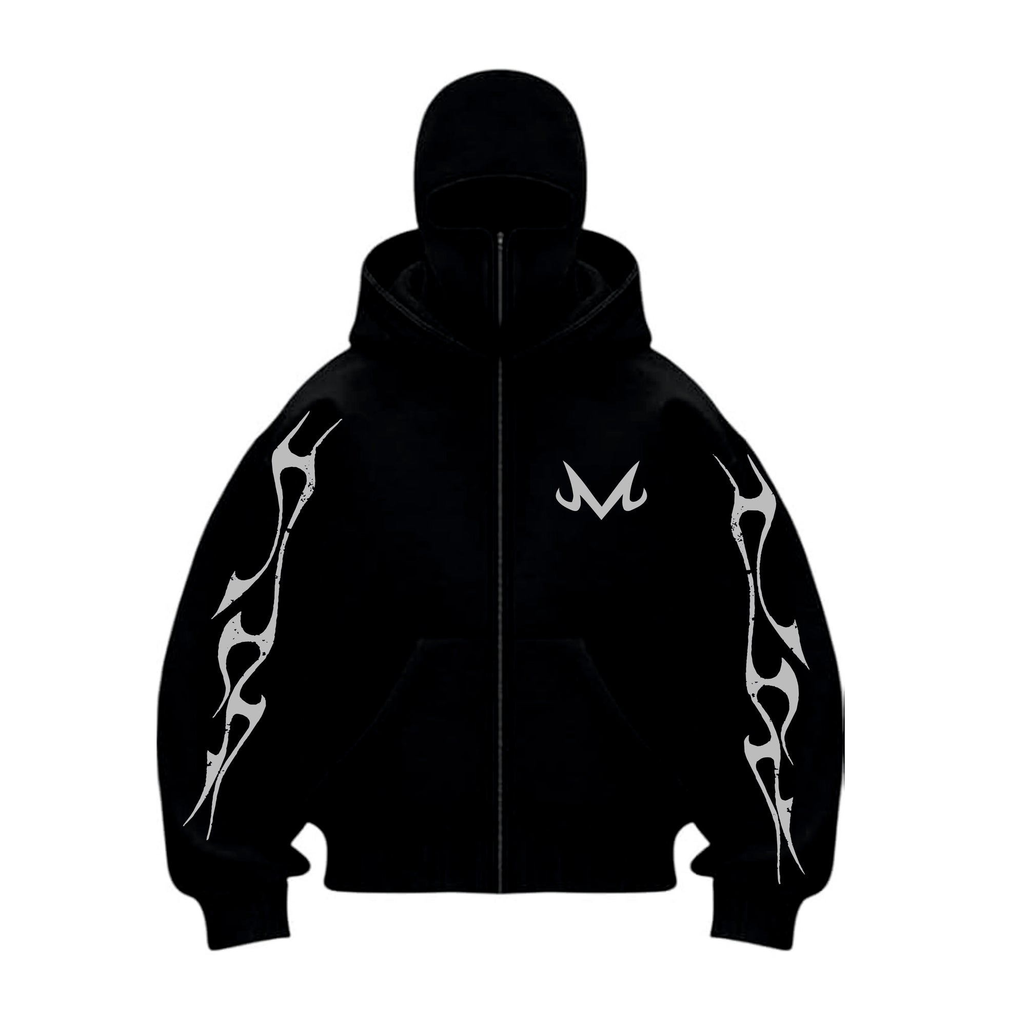 Black hoodie with white tribal designs and logo on a white background