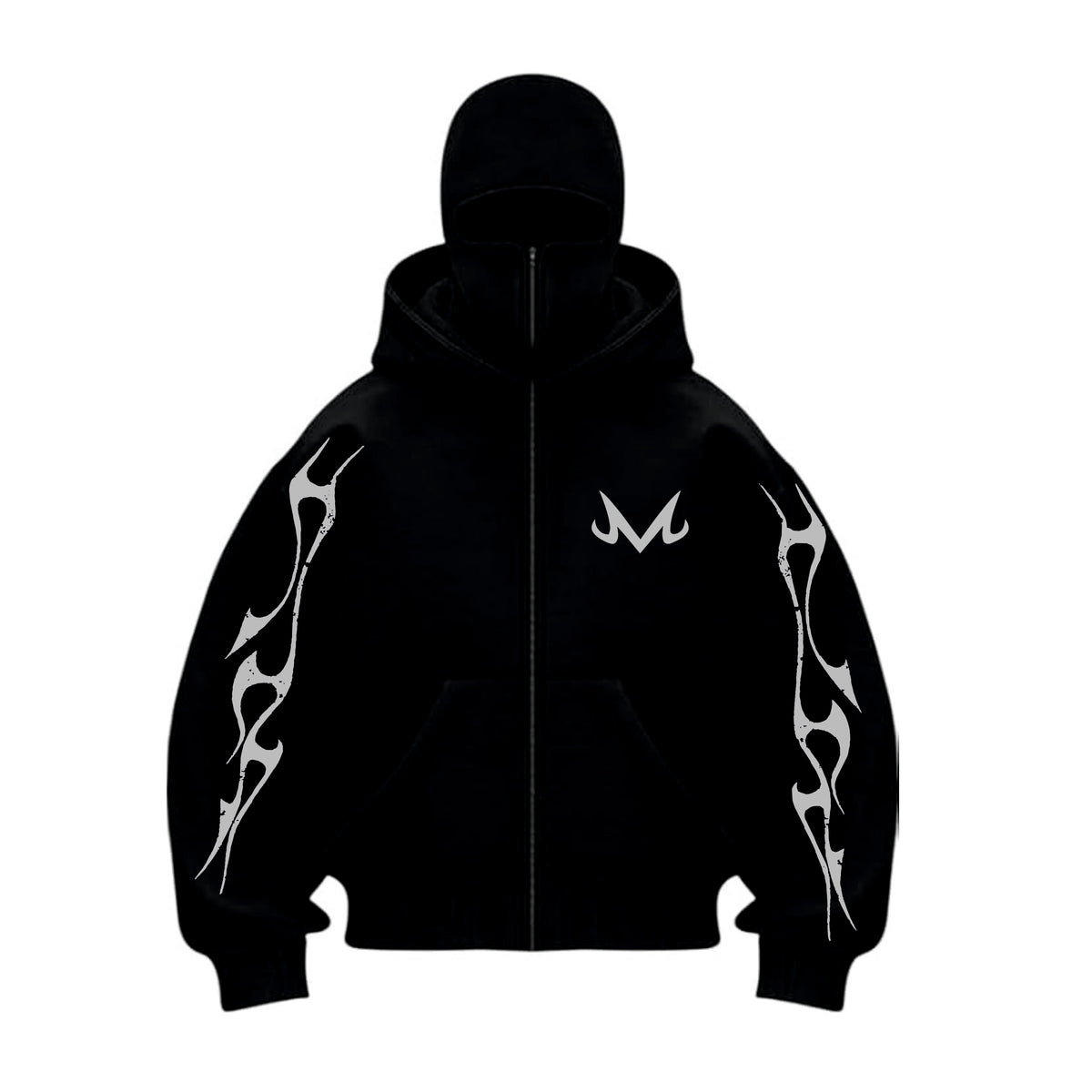 Black hoodie with white tribal designs and logo on a white background