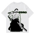 White t-shirt with a graphic of a character holding a sword and the name 'Zoro' on a white background