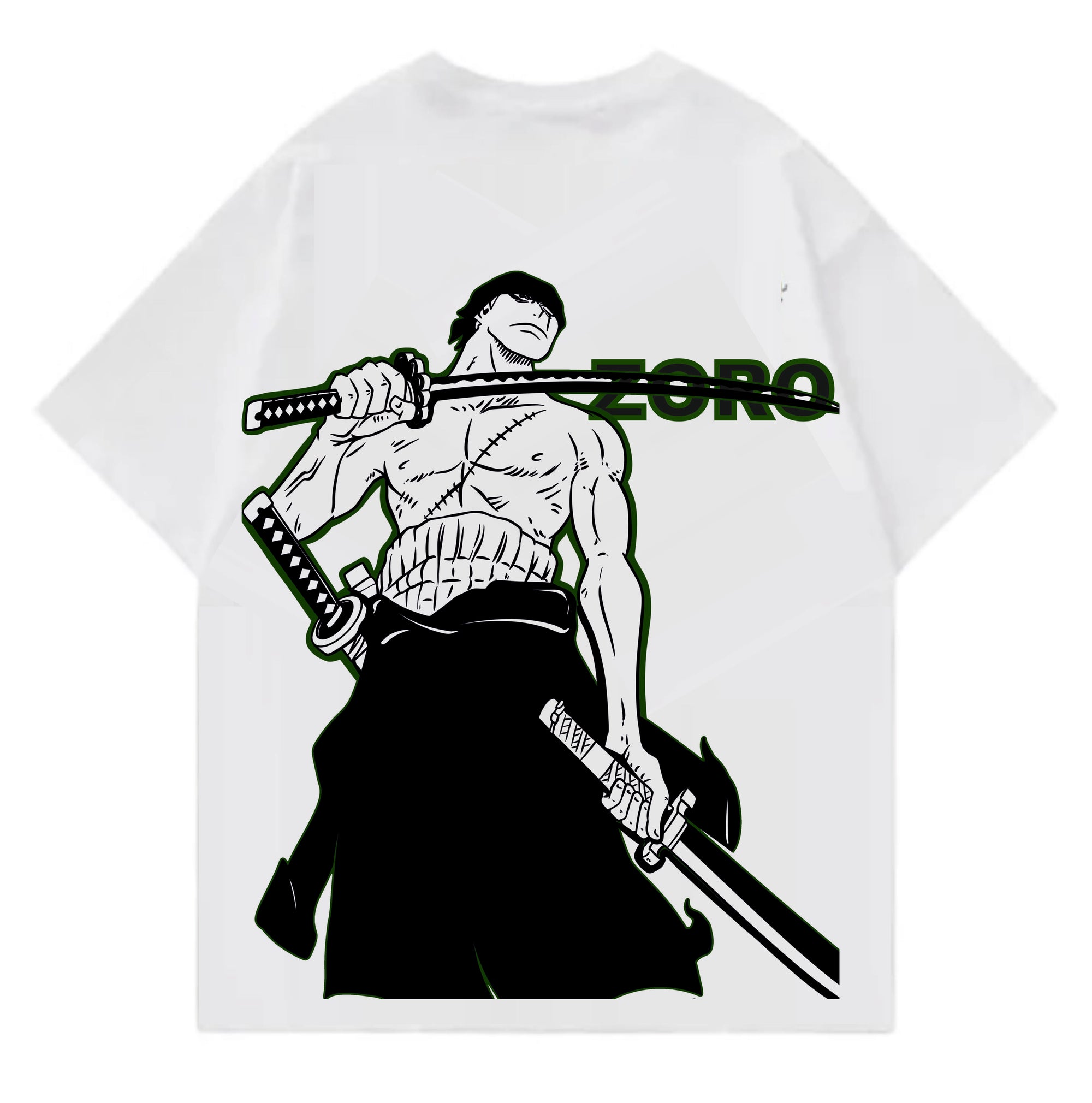 White t-shirt with a graphic of a character holding a sword and the name 'Zoro' on a white background