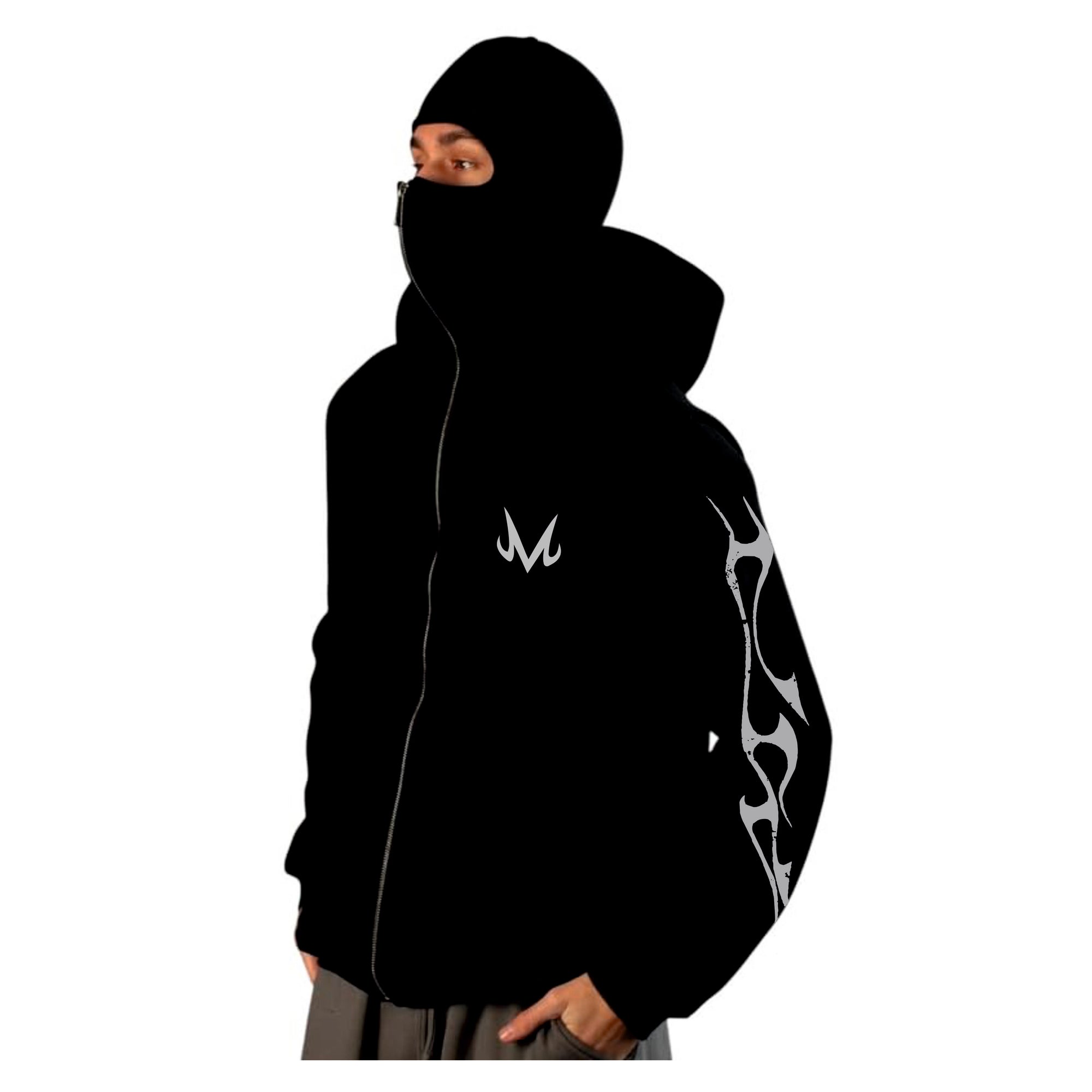 Black hoodie with a logo and tribal design on a white background