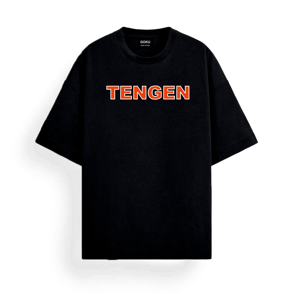 Black t-shirt with 'TENGEN' printed in red on a white background
