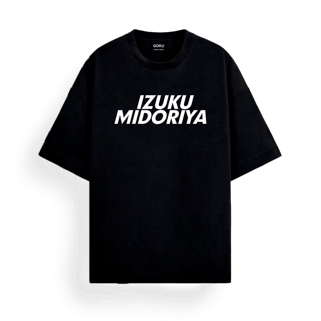 Black t-shirt with 'IZUKU MIDORIYA' text on a white background