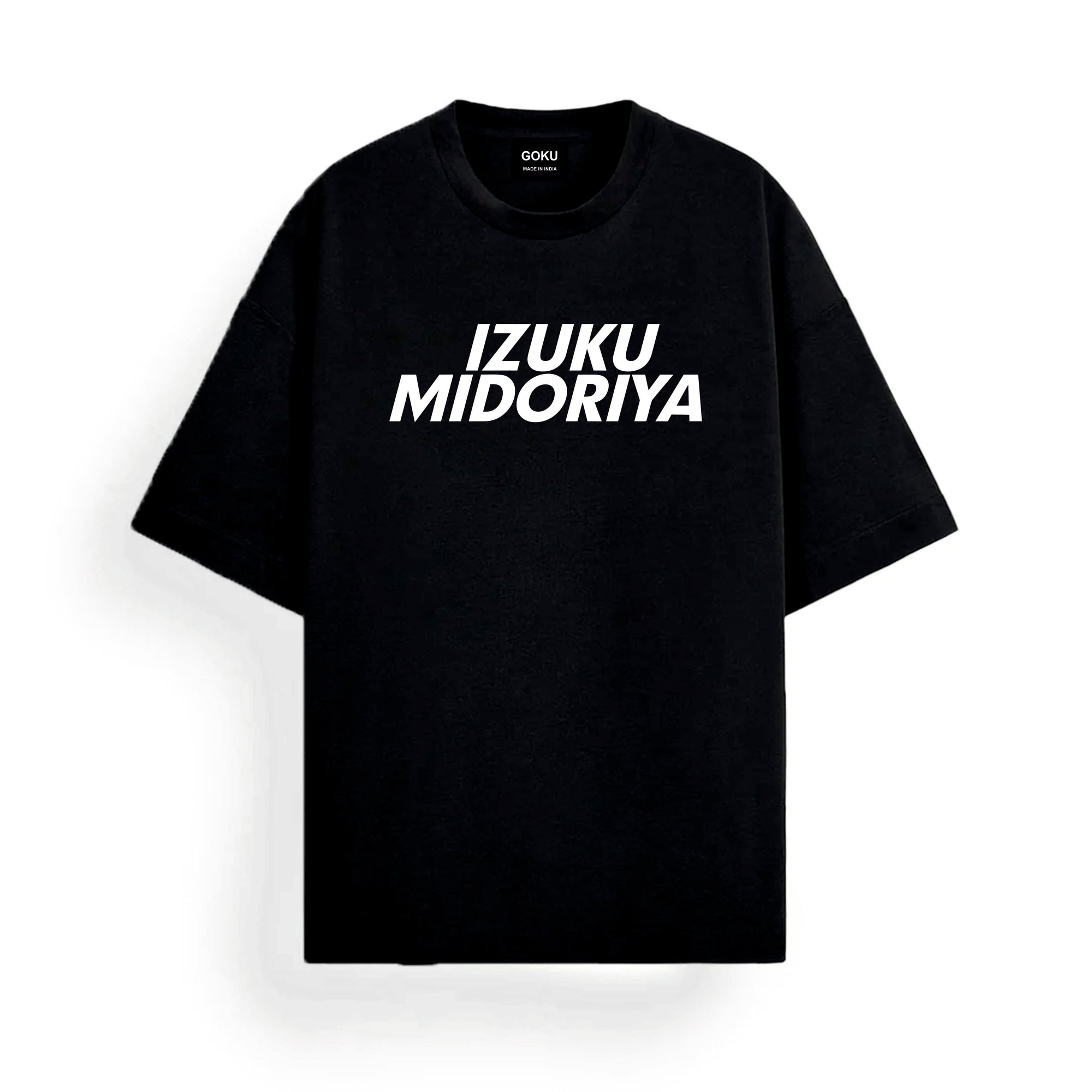 Black t-shirt with 'IZUKU MIDORIYA' text on a white background