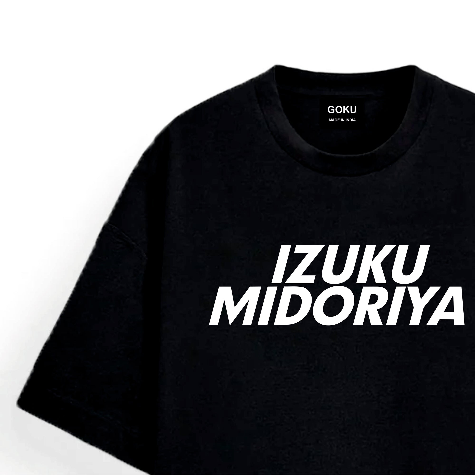 Black t-shirt with 'IZUKU MIDORIYA' text on a white background