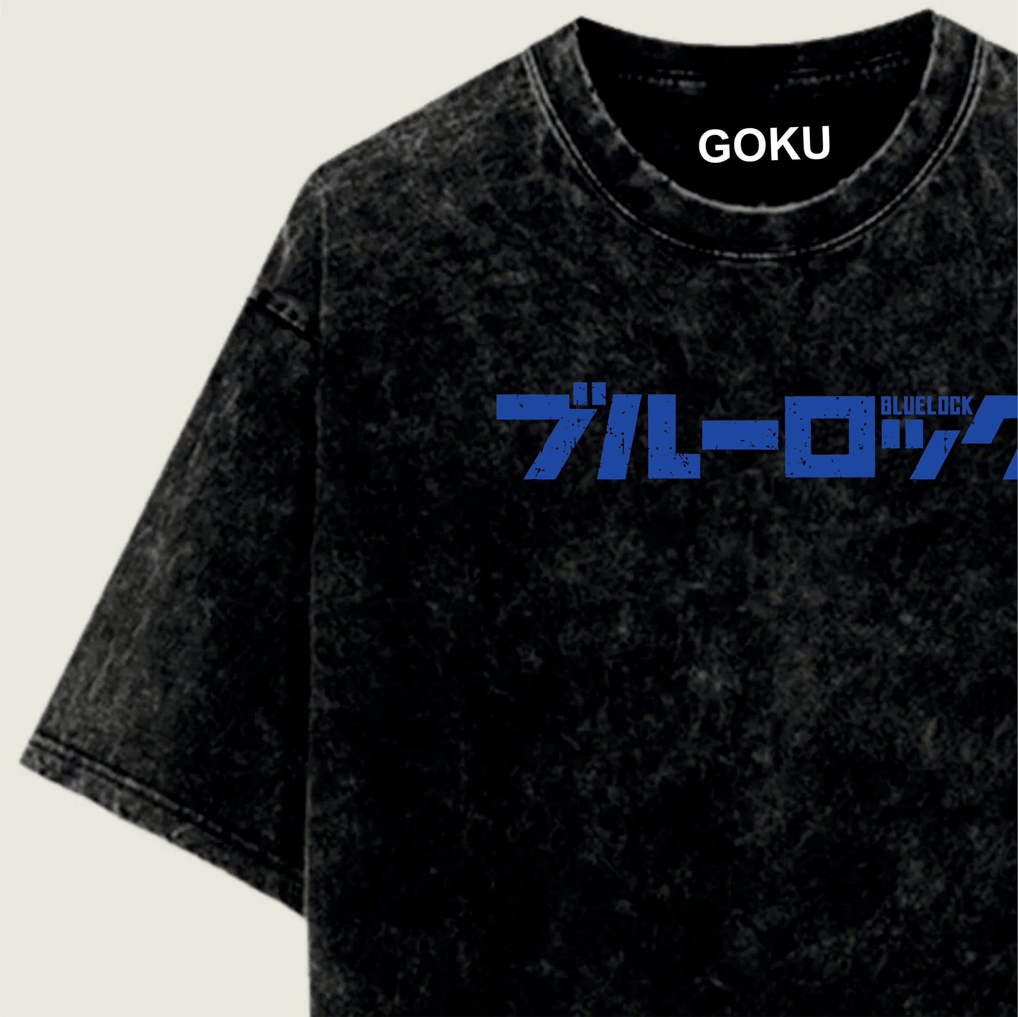 Black t-shirt with 'GOKU' and Japanese text on a light green background