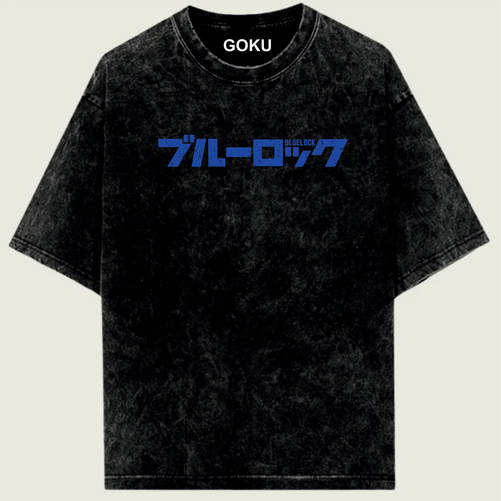 Black t-shirt with blue text and 'GOKU' branding on a light green background