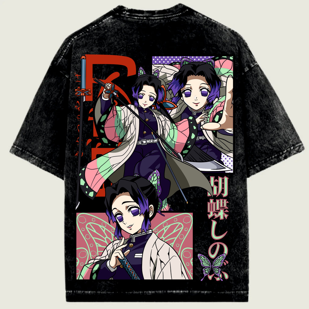Black t-shirt with colorful anime-style character shinobo design on a light green background