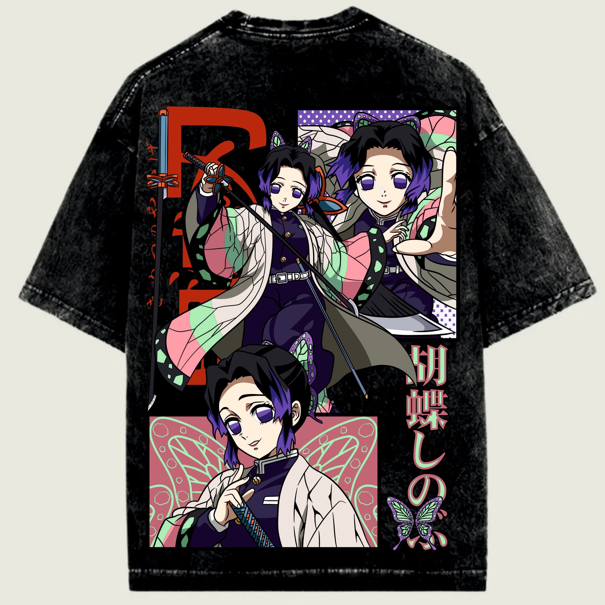 Black t-shirt with colorful anime-style character shinobo design on a light green background