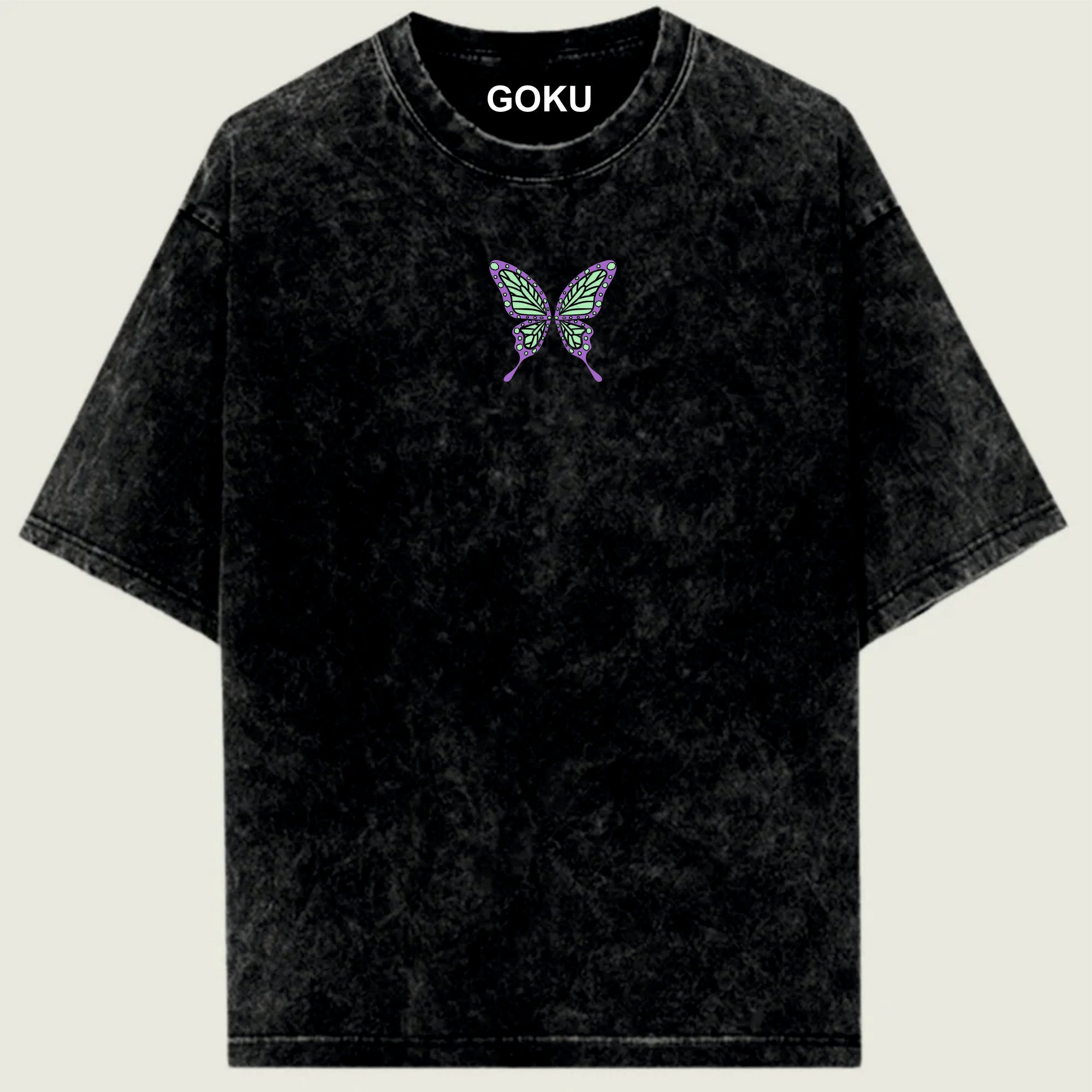 Black t-shirt with a butterfly design and 'GOKU' text on a light green background