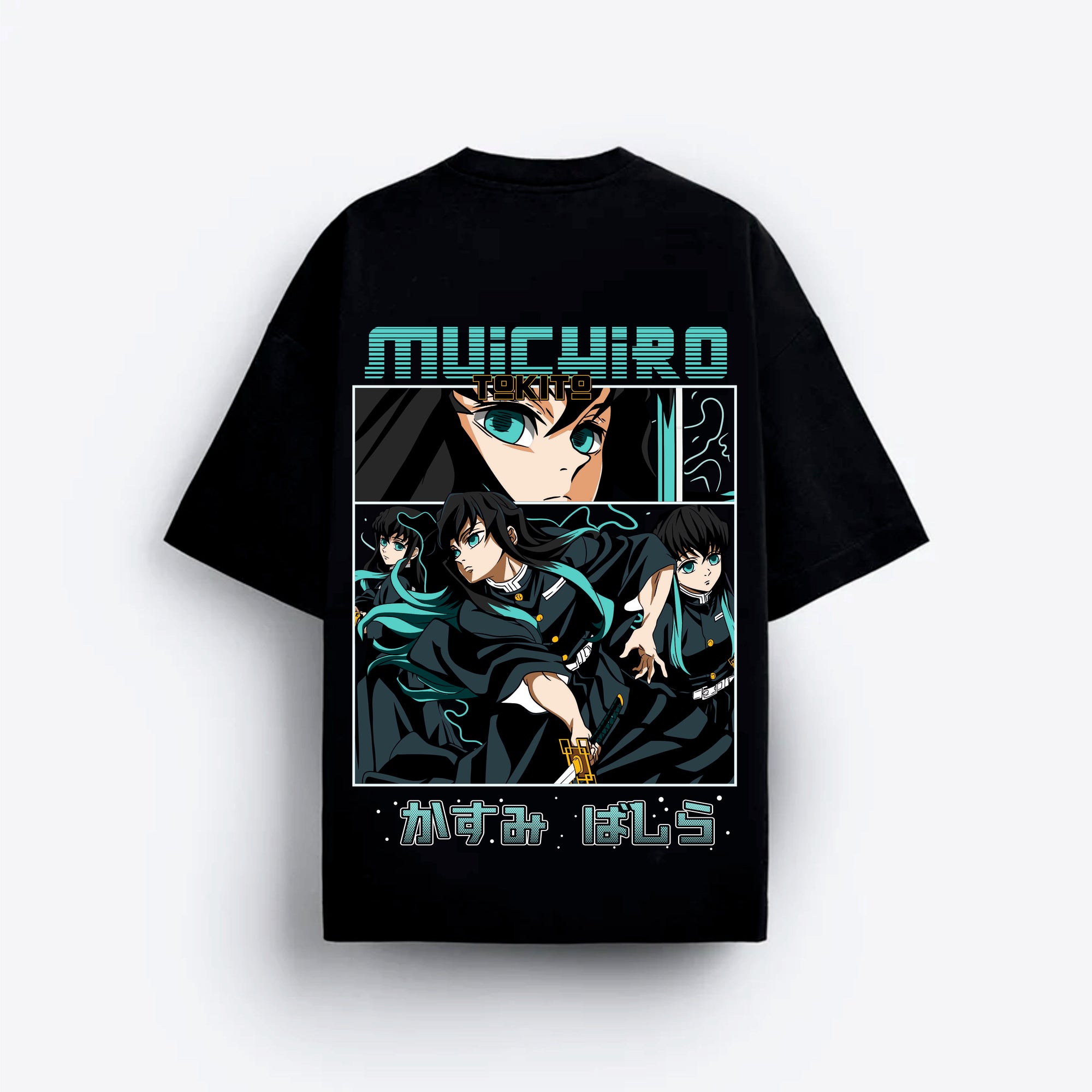 Black t-shirt with anime tokiyo character design and text on a white background
